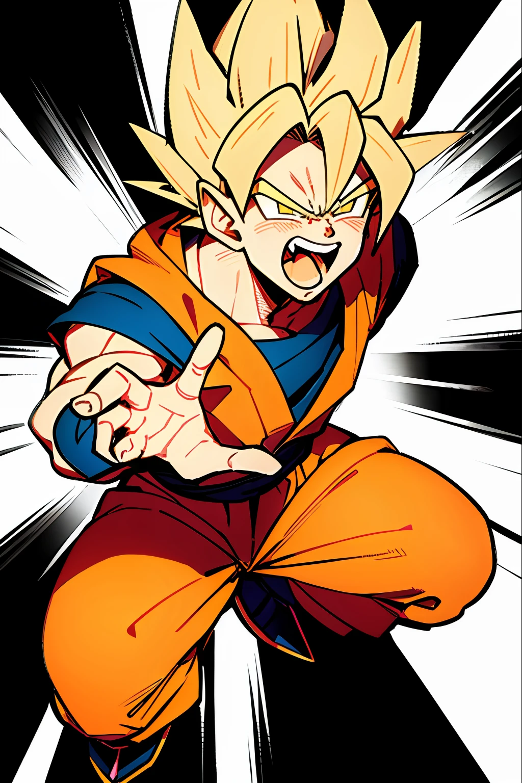 Son goku, super saiyan, white background, yelling, ((masterpiece))