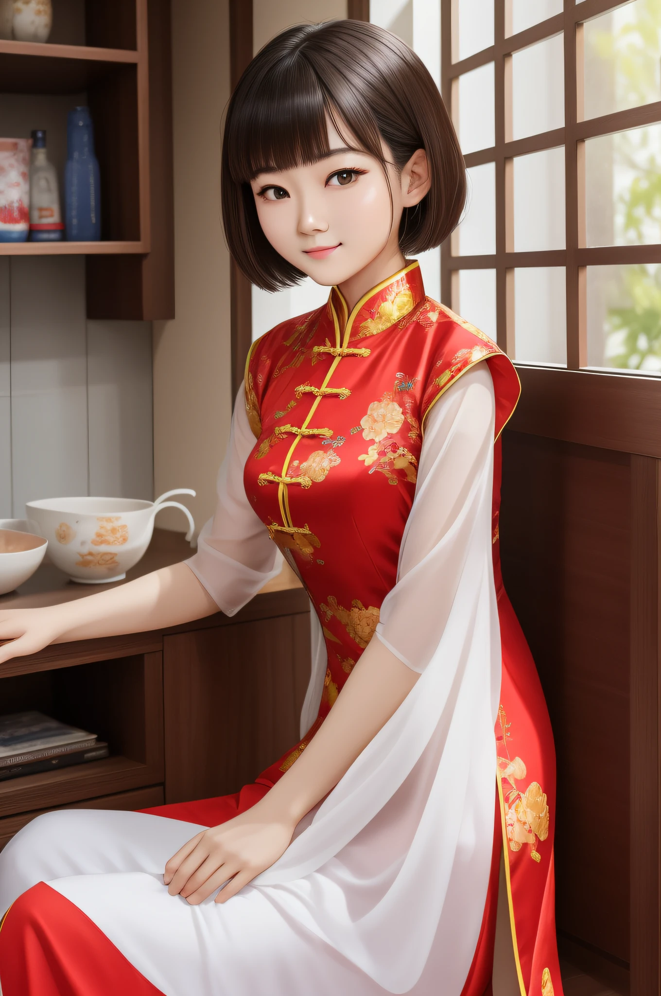 There is a woman posing for a photo at home, young cute wan asian face, 19-year-old girl, young and cute girl, xintong chen, ulzzangs, young lovely Korean faces, She has a cute face, with short hair, 8k selfie photograph, with cute - fine - face, with round face,Big chest,Wear a Chinese dress dress,Modern furniture