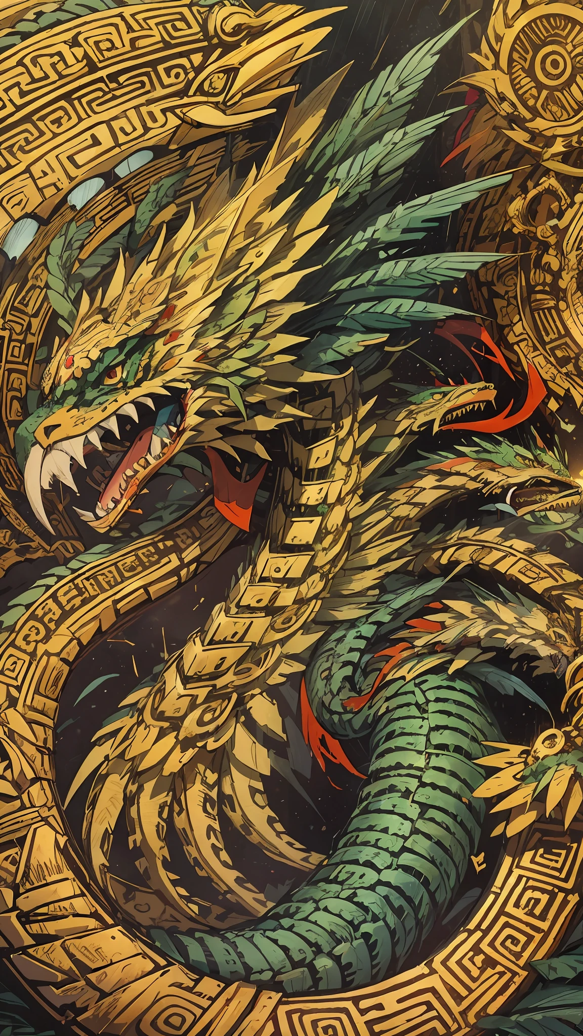 Masterpiece, best quality, {best quality}, {{masterpiece}}, {highres}, anime, attractive, exotic, Quetzalcoatl, Kukulkan, Serpent God, feathered serpent, flying plumes, plumage, Aztec, golden, gold, thunder, thunder, claws, sharp teeth, serious, destruction