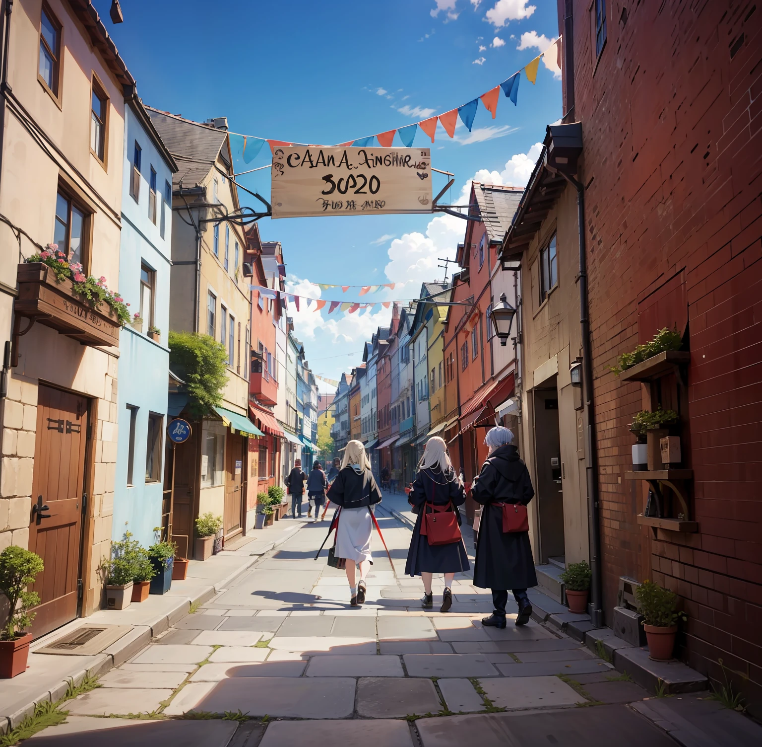 anime screenshot　Fine line art 2020s anime　Old Towns of Medieval Europe　Ocean wind　Medieval European house made of brick　　Old crumbling cobblestones　Brick　Lively party　Anime of the 2020s　　Screenshot　　　omatsuri　Parti　carnival　busy　noisy　　store clerk　Marche　There is a sign written in a mysterious alphabet