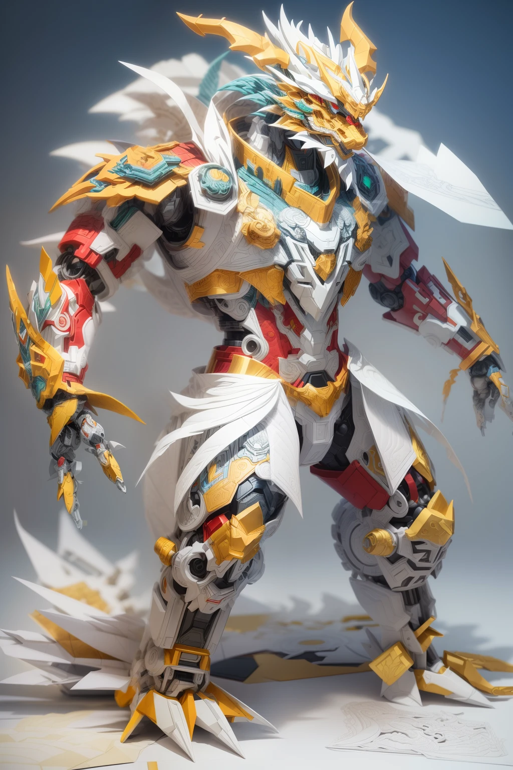（The anthropomorphic Chinese dragon of the mecha)，Human form，Full body like，short feet，Mechanical armor，White background，(paper art, Quilted paper art:1.2, geomerty:1.1, zentangle,a 3D render), (Extremely colorful, Best quality, high detal, Masterpiece, Cinematic lighting, 4K)