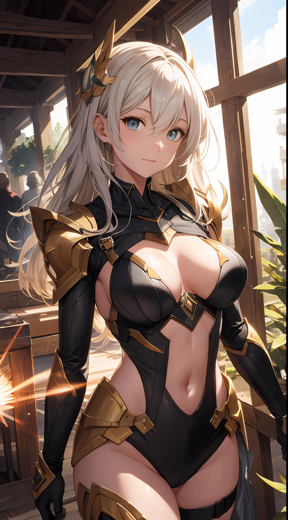absurderes,Large breasts,A high resolution,ultra - detailed,(1girl:1.3),BREAK,Sun Knight,Sun magic,Light manipulation,Radiant force,Sunlight attack,warm aura,Shiny armor BREAK,photo manipulation,Change reality,Fantasy scenes,number art,Creative editing、Engaging narrative、Eye-catching visuals BREAK、dynamic art、Moving sculptures、Mechanical creation、Interactive installations、dynamic movements、Engineering ingenuity、captivating visuals