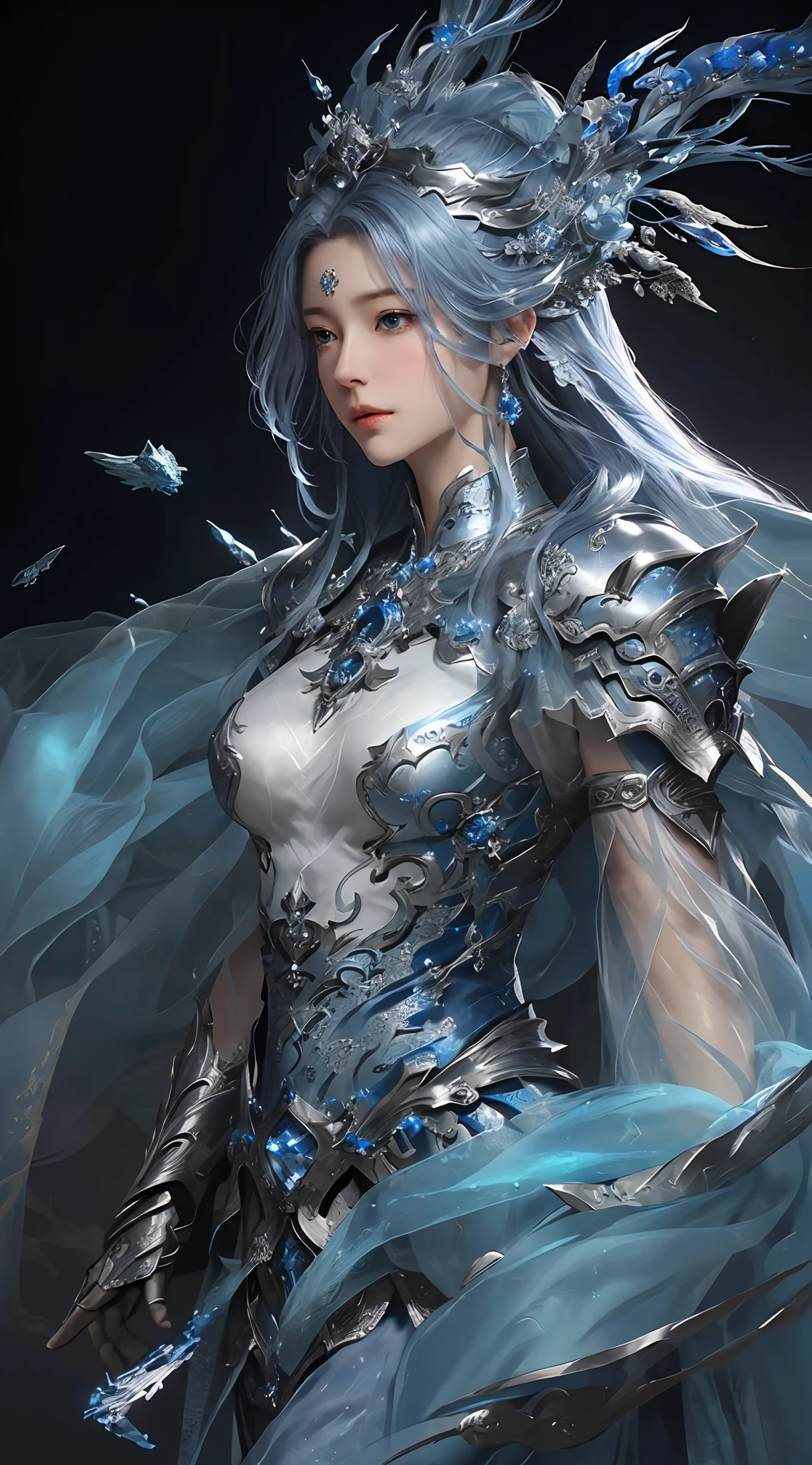 Close-up of woman in silver and blue dress、Chengwei Pan at Art Station、By Jan J.、detailed fantasy art、Stunning character art、Fan Art Best Art Station、epic exquisite character art、Beautiful armor、extremely detailed art germ、Detailed Digital Anime Art、Art Germ at Art Station pixiv、Armored Lady、Exposed skin a lot、Breasts are big、Chest Kyun、