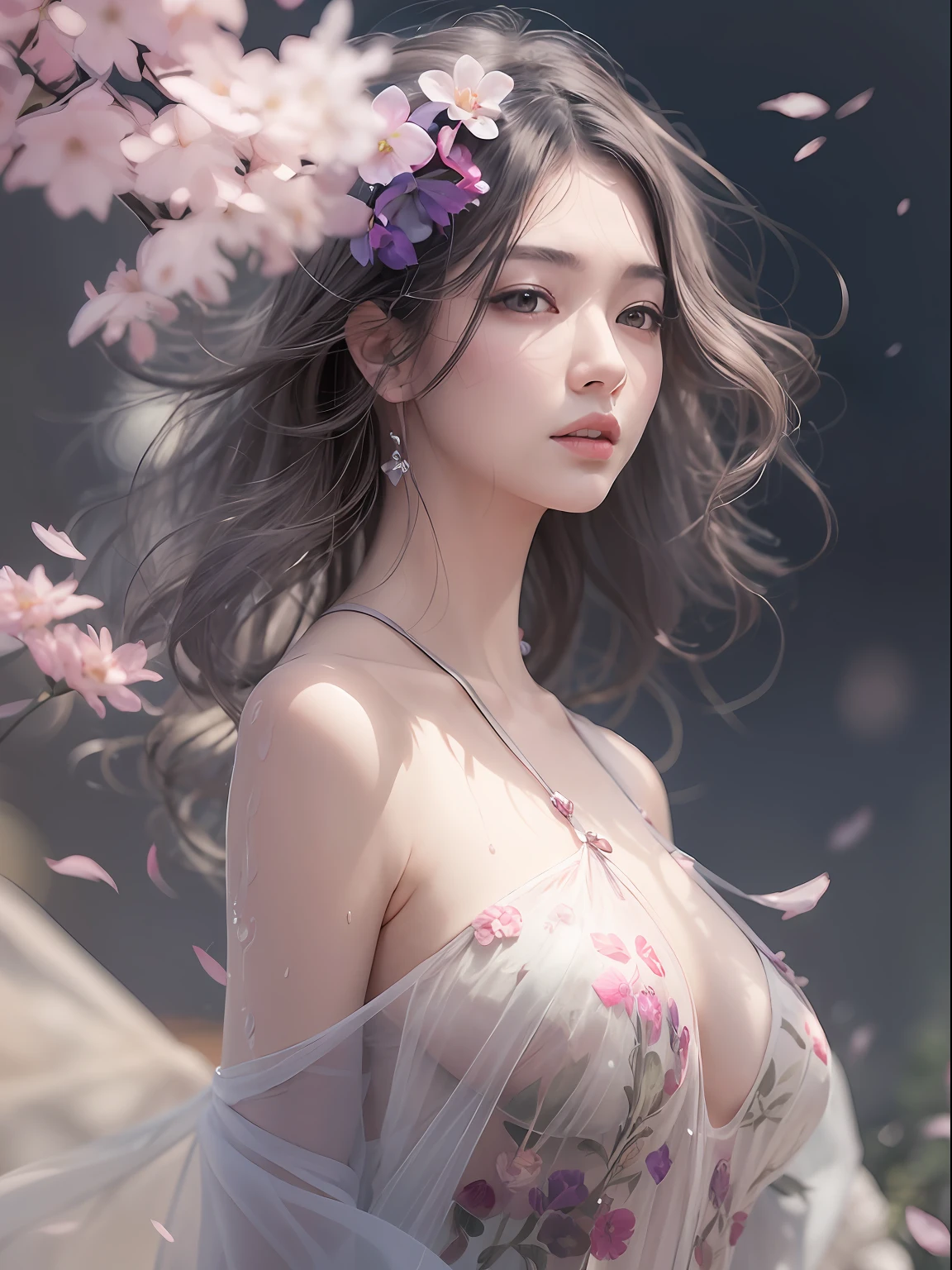 loose outfit、Show shoulders、How to wear a gown with a broken see-through halter neck、Decorated with intricate patterns and pastel colors、Transparent material that makes the skin shine、Artistic depiction of seductive woman in gown with wet thin cloth and transparent skin, Floral and fantastic pattern with flowing silky traditional see-through skin。Her dress draped elegantly around her curvaceous figure、Emphasizes her charming silhouette。She's a gentle fireworks night、Dynamic Posing、Sexy Posing、bathed in the soft glow of moonlight。The scene is、With a hint of mystery and sensuality、It exudes an ethereal dreamy atmosphere。The image style is、Incorporates a blend of watercolor and digital illustration techniques.、It makes you feel delicate beauty and charm。Soft moonlit lighting、Cast gentle highlights and shadows on her mesmerizing features。Dynamic Posing、Bold poses、The hand is somewhere、see -through、show through、A sexy、Wet hair、Wet、cherry trees、flower petals、cherryblossom、The cherry tree、Sakura blizzard、buried、Transparent skin、Wet clothes、Chest Pulling、Translucent clothes、Eau、nudde、