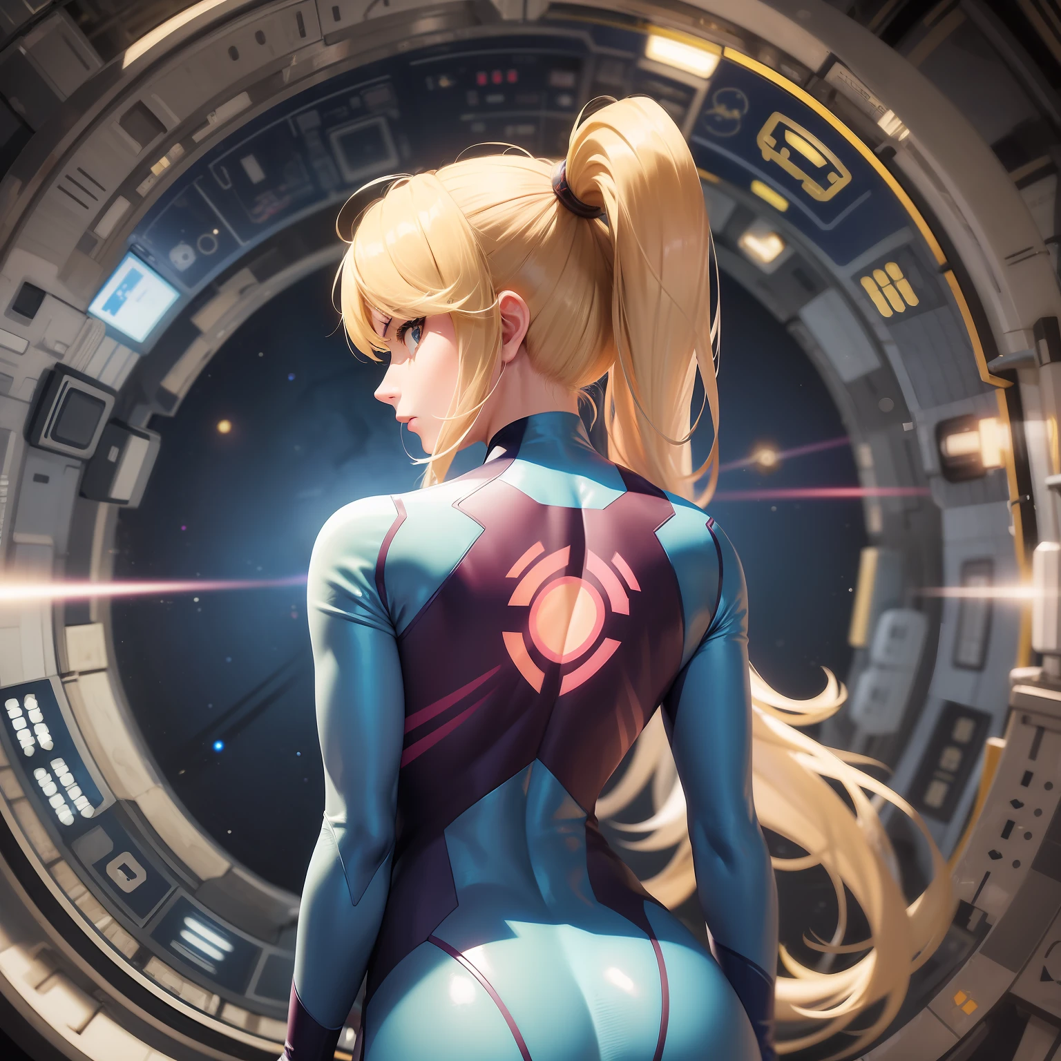 masterpiece, best quality, samus aran, ponytail, hair tie, blue bodysuit, upper body, looking at viewer, furrowed brow, arms at sides, from behind, looking at viewer, space station, space