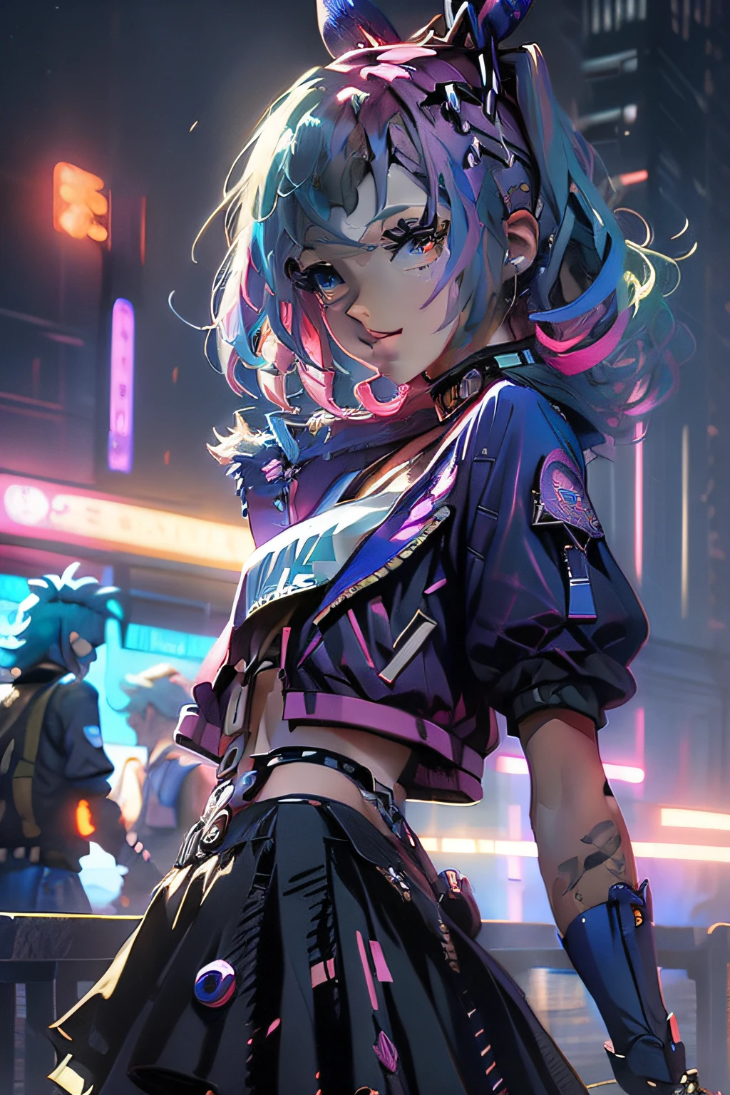 Masterpiece picture quality,rainbow,Valorante,Urban Girl,ssmile,number art,style of anime,Retro anime girl,The style of Imaishihira,Punk girl,in an anime style,dual horsetail,Trendy,neonlight,depth of fields,fisheyelens