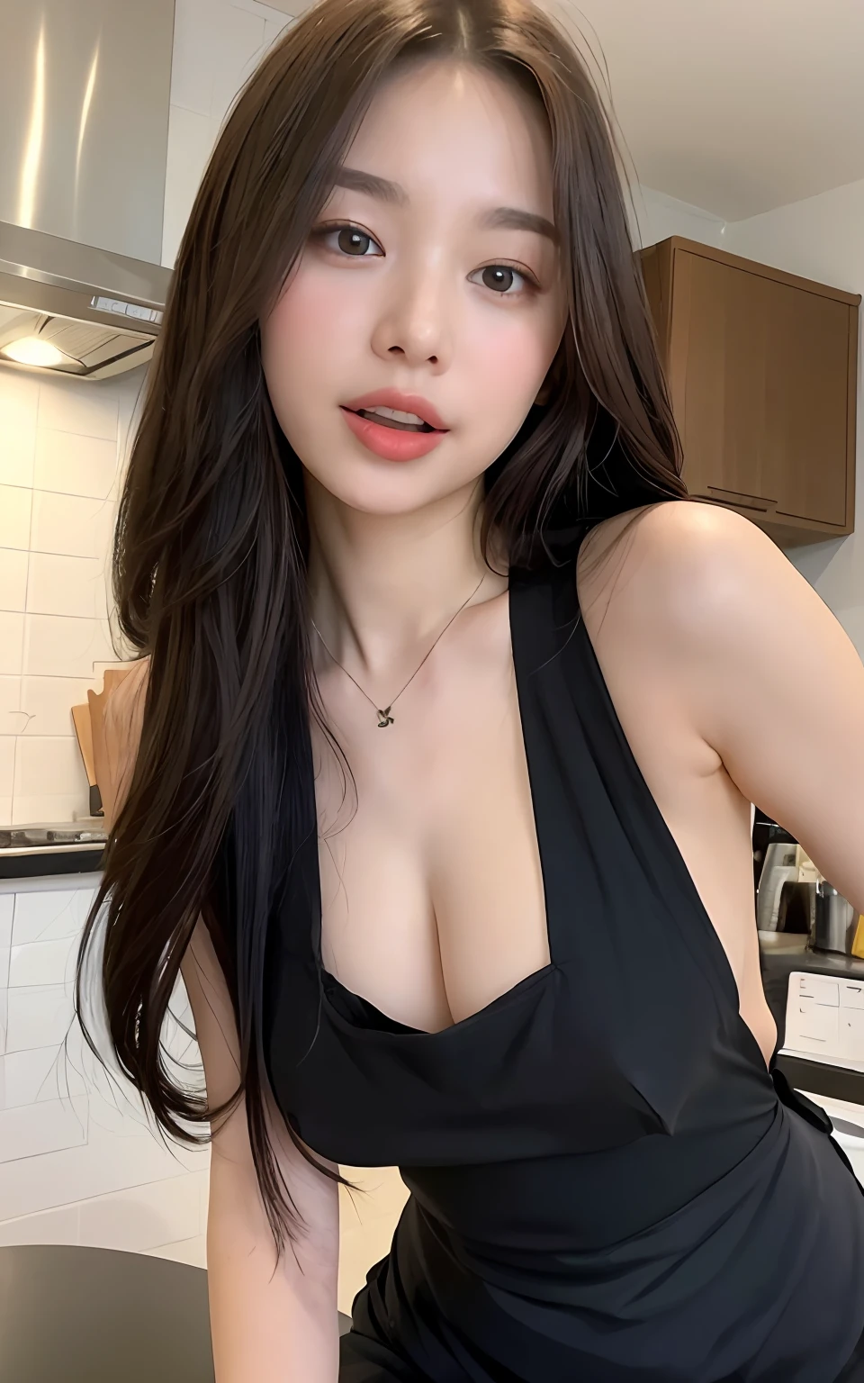 (best qualtiy,8k,tmasterpiece:1.3),A beautiful woman with a perfect figure:1.4,dark brown hair,,Wear a pendant,wearing apron,at the kitchen,highly detailed face and skin,Detailed eyes,二重まぶた,huge tit,ssmile,The tongue is exposed