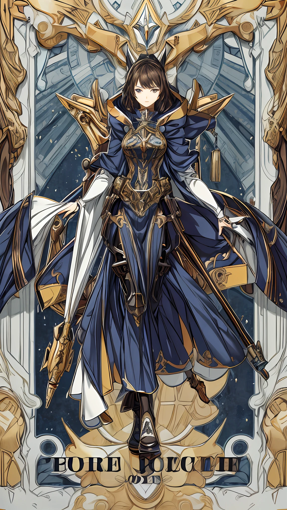 absurderes, A high resolution, Ultra detailed, (1girll:1.3), Break , Design an image featuring beautiful mecha calligraphy, with expressive lettering, elegant flourishes, and a sense of craftsmanship and skill,full bodyesbian,tarot, Armor, Staff:1.5,Chart,, Mechanical arms, steampunc, Hood, Robe, Technical pastor, (Masterpiece, Best quality, High quality, A high resolution, Ultra-detailed)