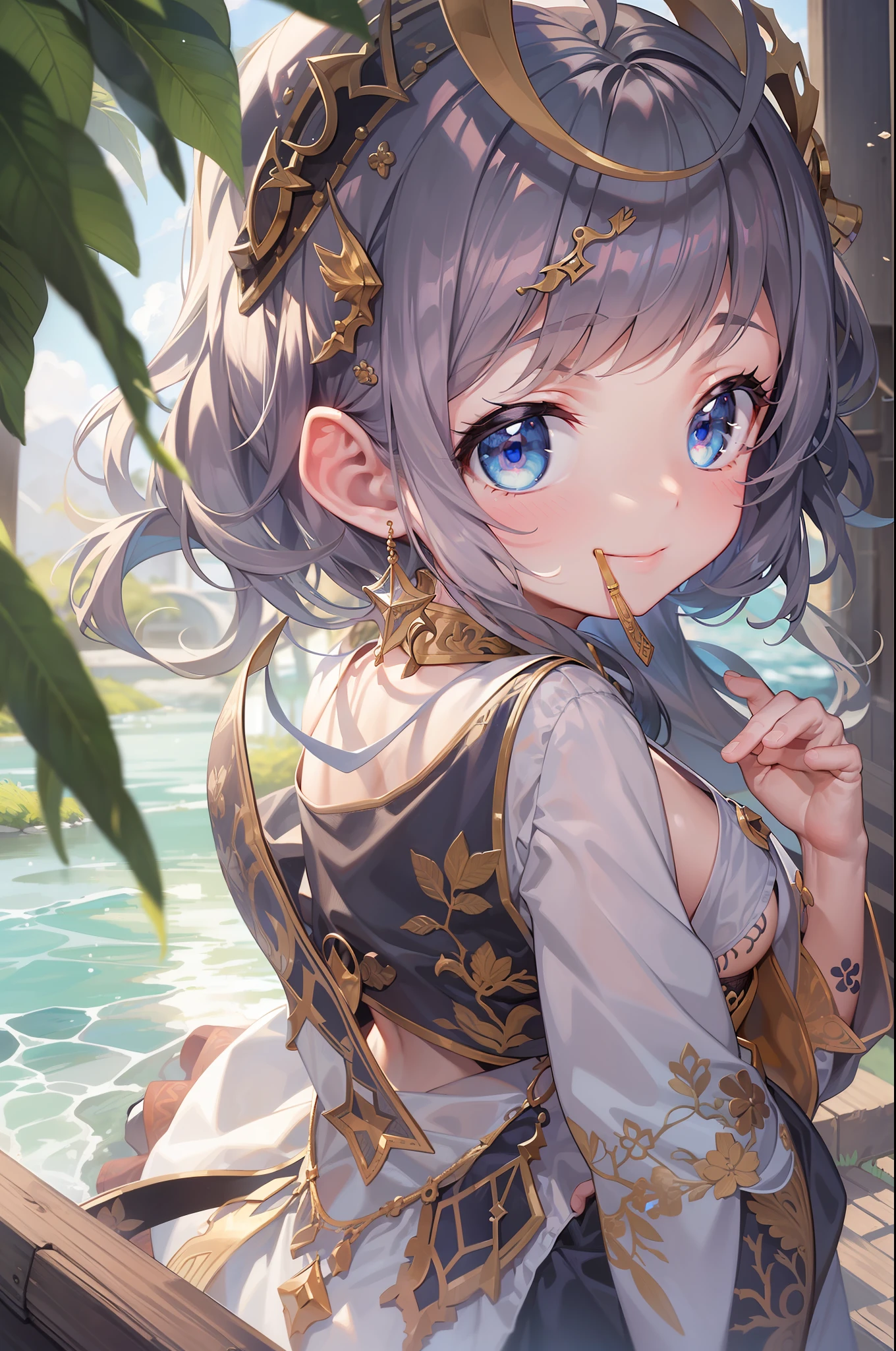 (Best Picture Quality:1.3),(tmasterpiece:1.3),(illustratio:1.3),(ultra - detailed:1.3),(imid shot:0.9), 1girl, solo, Very young, The upper part of the body, Short neck, smallunderboob,child（Soak in the stream：1.2），，ahoge，eBlue eyes，Gemstone Eye，Very fine eyes，Very thin face，Keep one's mouth shut，Light smile，Eau，The fish，Mare，banya，Huafu，East Dragon