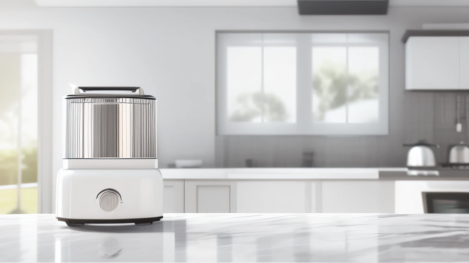 There is a white ice cream maker on the kitchen counter,unreal engine rendered,computer render,hyper photorealism,icey，cold shades，inside in room