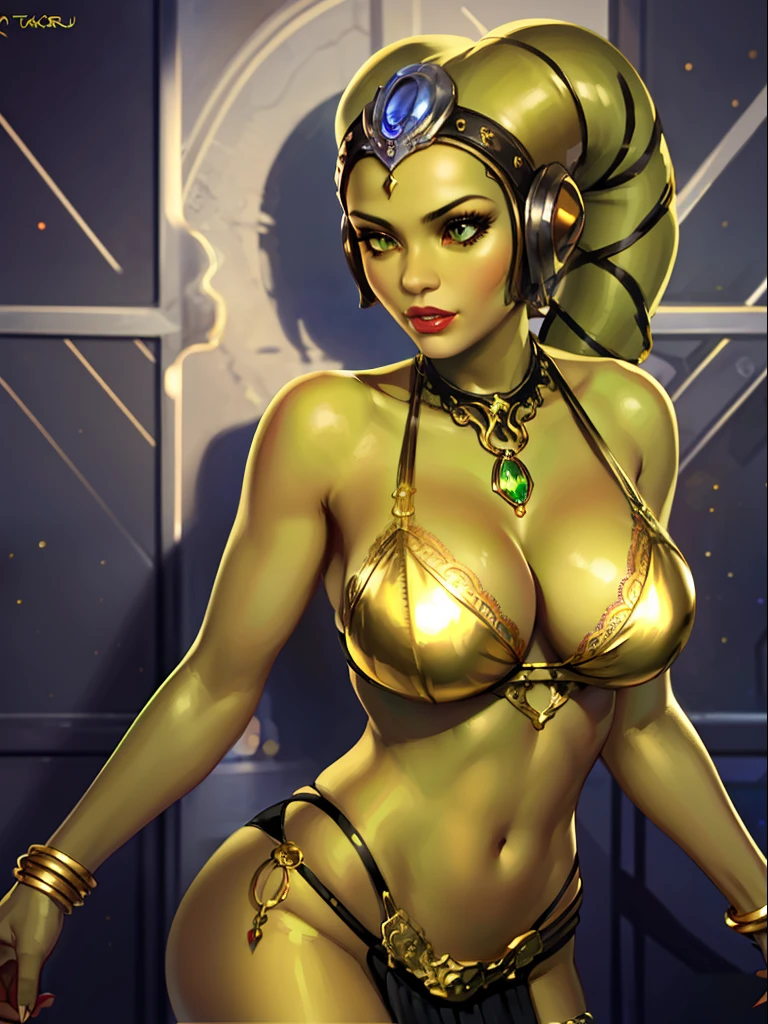 (best quality, masterpiece, highly detailed), 1girl, (green skin), sexy Twi'lek, large breasts, big boobs, cleavage, gold and black bikini, ornate metal bra, metal lace, gemstones, jewelry, long skirts, pelvic curtain, Star Wars, lekku stripes