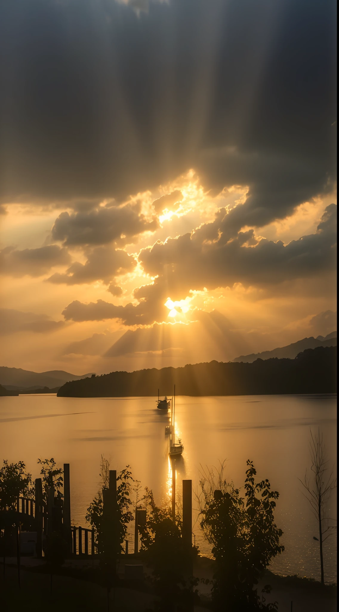 View at sunset on the lake，There are boats in the water, golden hour sun rays, rays of sunshine, with backdrop of god rays, Sunset!!!, Nikon shooting, Sol da Hora de Ouro, Sunset!, Sunset photo, the sunset, sunbeams at sunset, sunbeams in background, shining sun, Morning sunrise, beautiful sunrise lighting