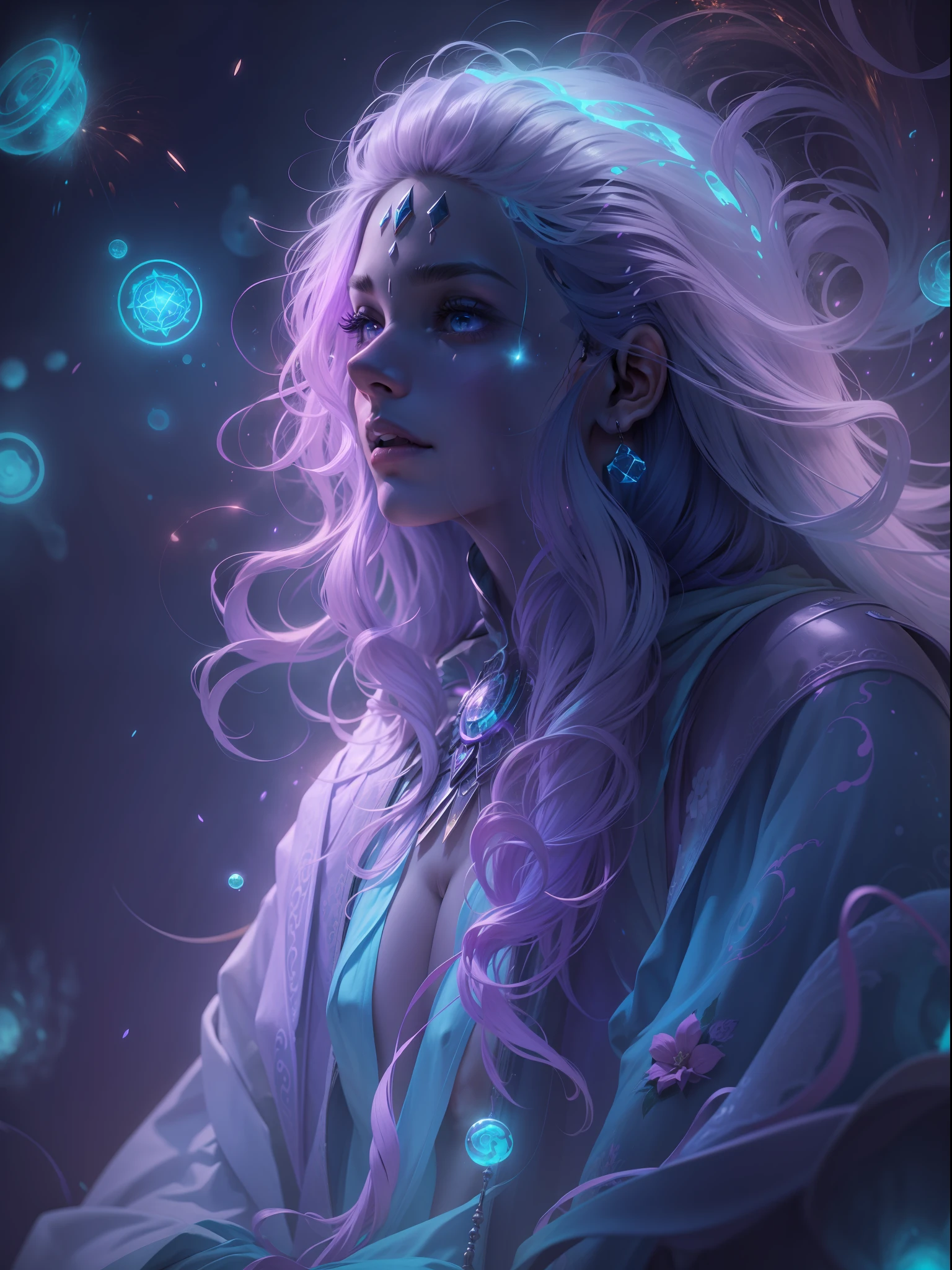 Picture quality:A masterpiece of high detail,8K,High-resolution body content:1girll,15year old,Full body photo, Side Body,An evil smile on his face,Broad perspectives,wears a long robe,Glowing hair,Ink color fills the face like fireworks,The Ghost-colored Demon Wheel unfolded behind it,Behind him is the mysterious oversized purple chakra blue light,Countless glowing quicksand swirled around this figure,Mysterious top light,The feeling of being high,Background with:A dazzling paradise,enviroment:fanciful,Full of mystery,Bask in the breath of chaos,Hopeful,Divine piety,mystical ambiance:Mysterious and unknowable sense of light,Intense violet light,Magic beam,The fantasy of the future world is intertwined with reality,Color:Infused with ethereal hues and luminous turquoise hues,High purity color, composition:Full body photo,tilted angle,ultra-wide-angle,Rule of thirds composition style reference:Virtual Engine,The magical texture of the ghost spark,Chaotic real world