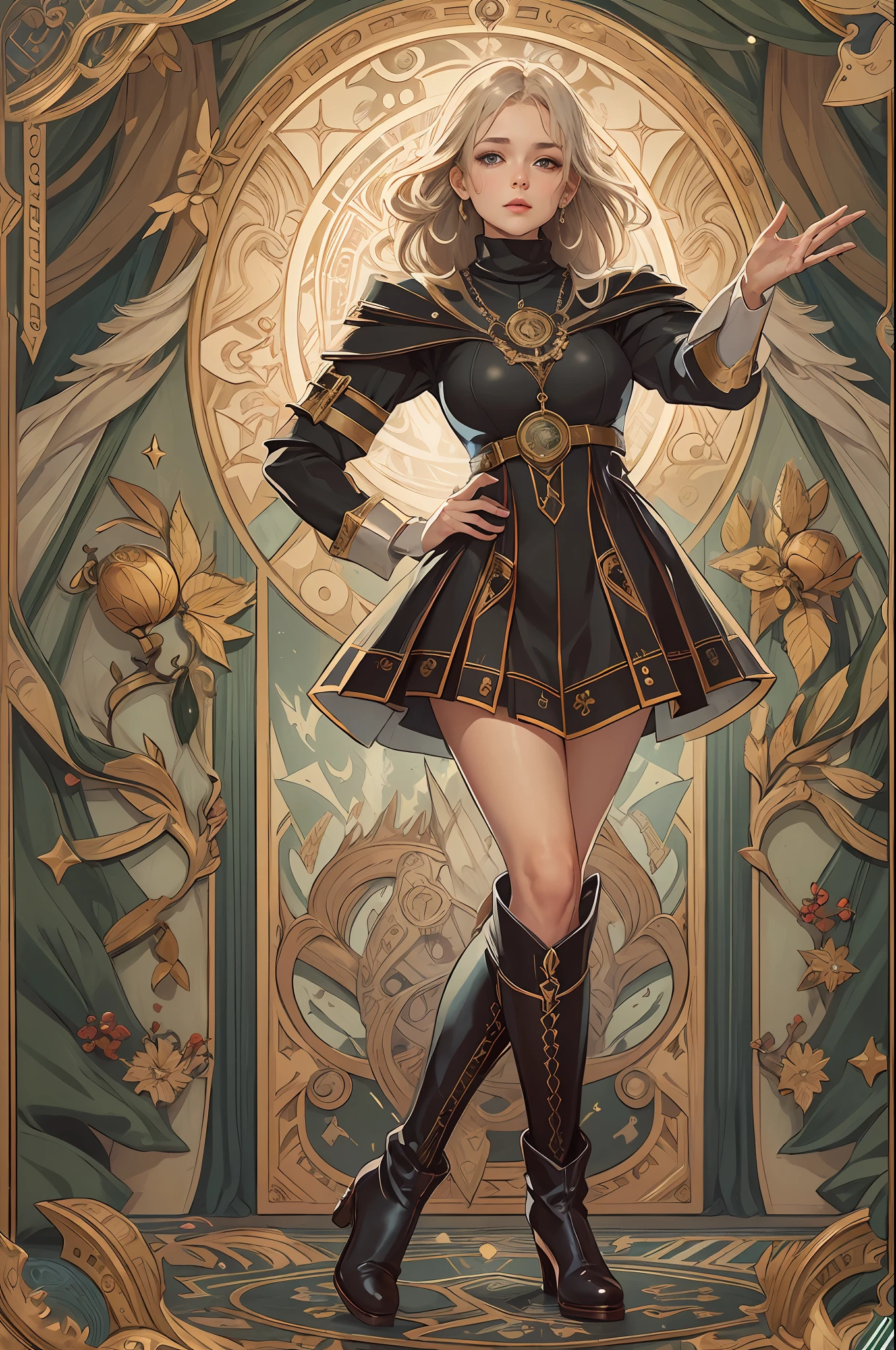 （1girll），full bodyesbian,standing on your feet，Short turtleneck skirt，Long boots，victory pose，Dynamic background,Noble and elegant,Masterpiece,best qualtiy,tarot cards,Fantasy art,official aesthetics