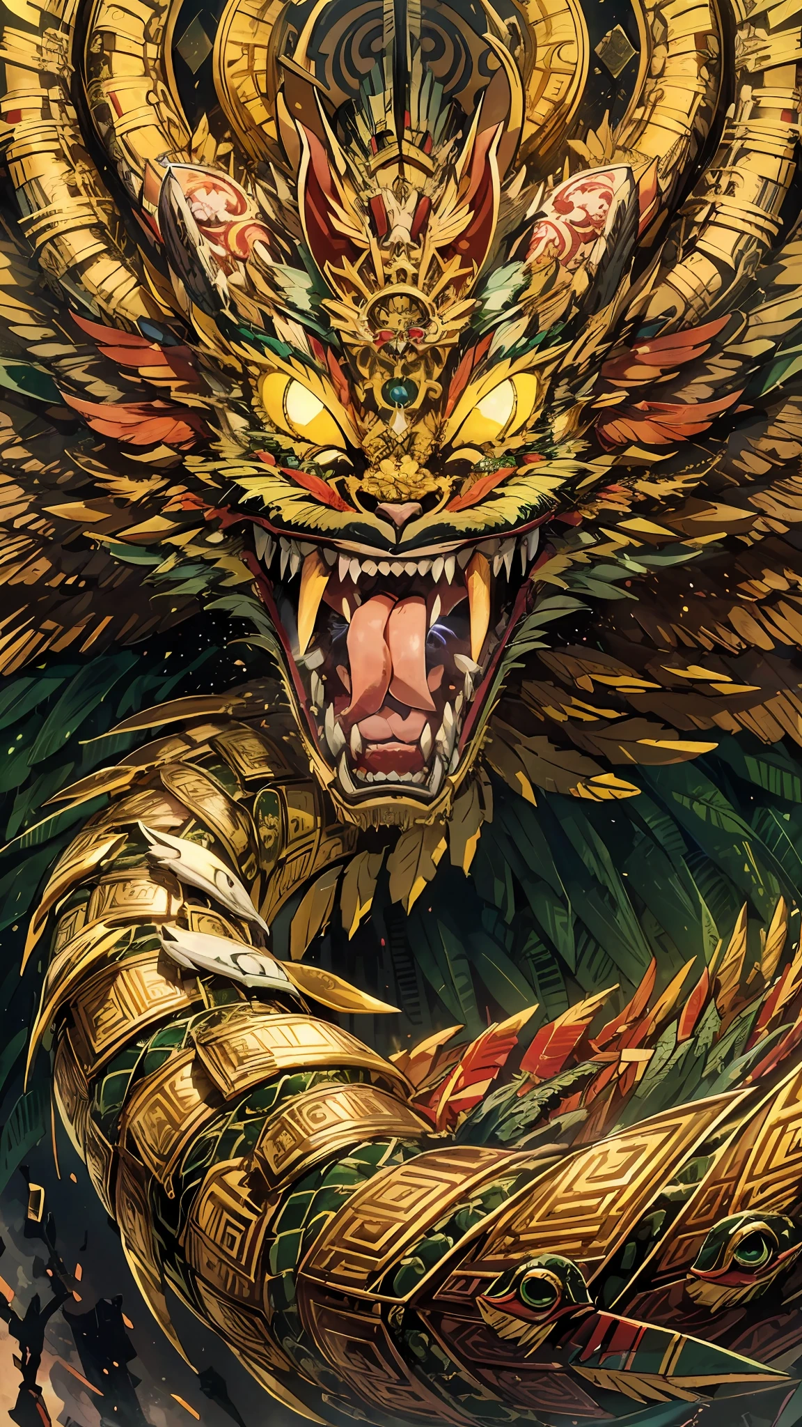 Masterpiece, best quality, {best quality}, {{masterpiece}}, {highres}, anime, attractive, exotic, Quetzalcoatl, Kukulkan, Serpent God, feathered serpent, flying plumes, plumage, Aztec, golden, gold, thunder, thunder, claws, sharp teeth, serious, destruction