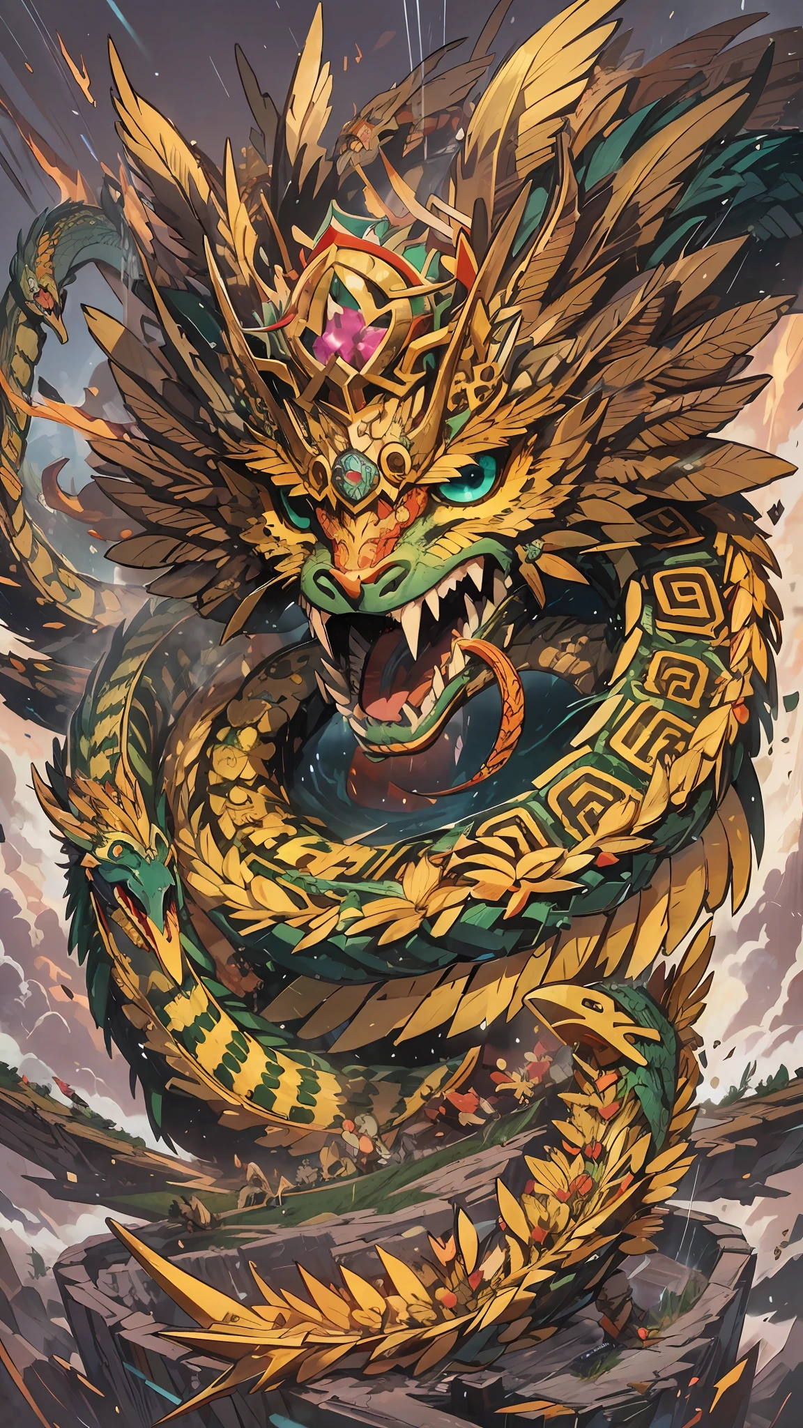 Masterpiece, best quality, {best quality}, {{masterpiece}}, {highres}, anime, attractive, exotic, Quetzalcoatl, Kukulkan, Serpent God, feathered serpent, flying plumes, plumage, Aztec, golden, gold, thunder, thunder, claws, sharp teeth, serious, destruction