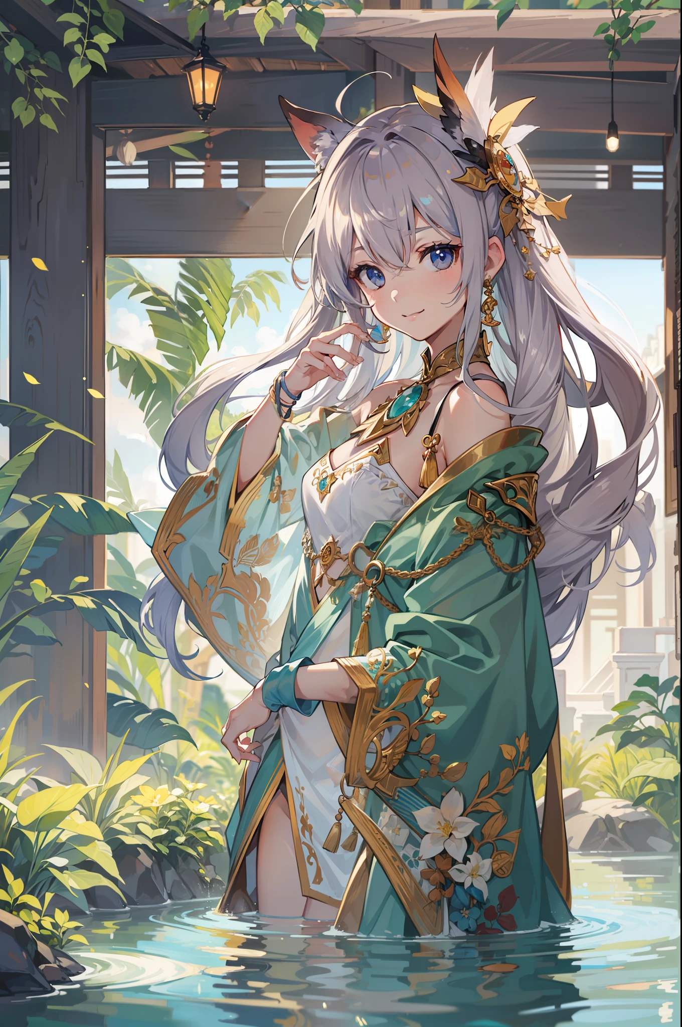 (Best Picture Quality:1.3),(tmasterpiece:1.3),(illustratio:1.3),(ultra - detailed:1.3),(imid shot:0.9), 1girl, solo, Very young, The upper part of the body, Short neck, smallunderboob,child(Soak in the stream:1.2),Girl child,ahoge,eBlue eyes,Gemstone Eye,Very fine eyes,Very thin face,Keep one's mouth shut,Light smile,Eau,The fish,Mare,banya,Huafu,East Dragon