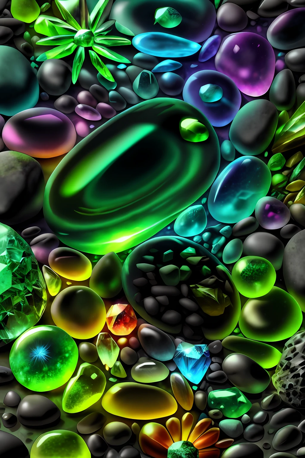Close a pile of stones and stones with green glass, amazing detail digital art, hyperrealistic digital art, realistic colorful photography, colorful gems, colourful 3d crystals and gems, Amazing wallpapers, colourful 3 d crystals and gems, ultra detailed Digital art, hyperrealistic digital painting, colorful glass art, colourful artwork, multicolored glints