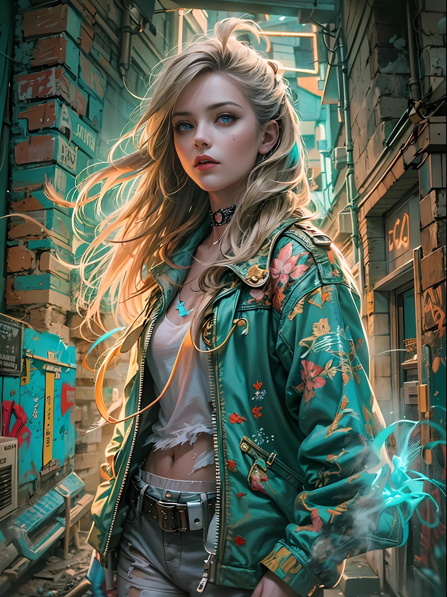 Unbeatable masterpiece, Ultra photo realsisim, Perfect artwork, Intricate details, Best quality, Strong light,High contrast, best quality , intricate details , chromaticaberration , adult russian woman ,aquamarine eyes , light brown dutch braidlight pink highlights , choker , neon shirt ,torn legwear , open jacket , brick wall ,graffiti , (glowing graffiti:1.2) , glow , neonlights , empty hands ,