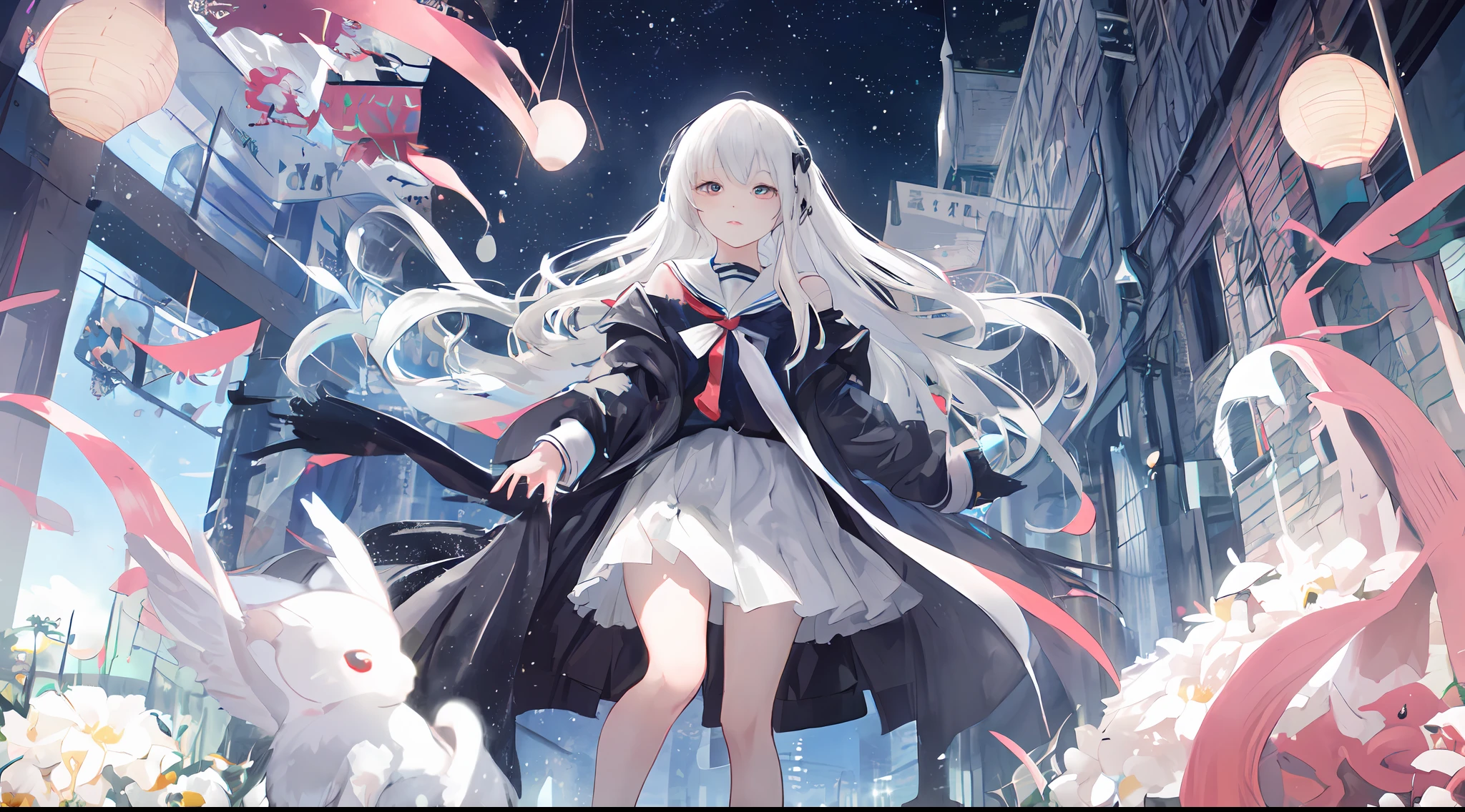 Ark of tomorrow style，finely quality eyes，good eyes looking，Heterochromic pupils，solo person，Ark of Tomorrow，one-girl，Black off-the-shoulder sweater, backless outfit,Starry sky,clusters of stars,Ray tracing,{Best quality}, {{Masterpiece}}, {A high resolution}, Original, Extremely detailed 8k wallpaper, {An extremely delicate and beautiful},,incredibly_absurderes,Colorful,intricately details,art book,,incredibly_absurderes,Ray tracing,Perspective,Wide shot,Overall view,,A high resolution,Game CG,short_Hair,cat_hor ears,White_Hair/White_Eyes,Detail fingers,Hands in hair,pigeon-toed,Pout,Blush,Eyes visible through hair,off-shoulder sweater,White_wind coat,Superskirt,White pantyhose,White cat ears，（((long  white hair)))，White tail，reaching out her hands，W cut sitting position，(((a black trench coat)))，(((White sailor collar)))，White pupils，Black hairpin，Post-industrial buildings，4K，Master picture quality，Texture，Ark of tomorrow style，On the ground lay the West Sword，eventide，Blood-red sunlight，Black backpack，((((Short black skirt))))，black sneaker shoes，full bodyesbian，long and flowing hair，Smiling，Squint，The ultimate in facial depiction，The ultimate body depiction，The ultimate hair depiction ，There are lanterns on the ground，is shy，in a panoramic view，The ultimate scenario description，Pout,Beautiful_face,Beautiful detailed eyes,One eye is white，One eye closed ,Earphone,Beautiful detailed sky,reflective light,Ray tracing，Sunlight,(Maid dress),Sailor dress,Sleeves,beautiful detailed  water,Beautiful detailed sky,god light,depth of fields,Normal body，Normal posture，Front view，Absolutely good light and shadow，Detailed sky，baiyun，the sunset，(((城市，starlights，rios，darkly))).{Best quality}, {{Masterpiece}}, {A high resolution}, Original, Extremely detailed 8k wallpaper,  {An extremely delicate and beautiful},,Ray ,{Best quality}, {{Masterpiece}}, {A high resolution}, Original, Extremely detailed 8k wallpaper, {An extremely delicate and beautiful},,incredibly_absurderes,Colorfu