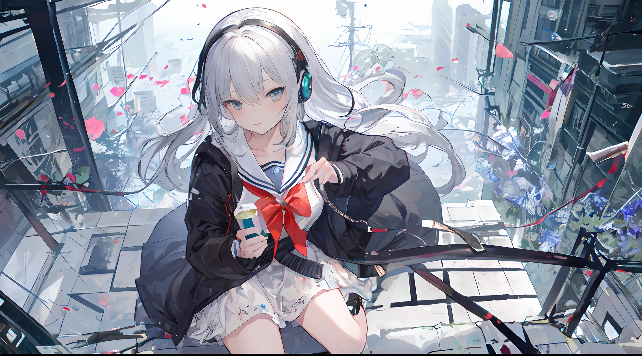 Ark of tomorrow style,finely quality eyes,good eyes looking,Heterochromic pupils,solo person,Ark of Tomorrow,one-girl,Black off-the-shoulder sweater, backless outfit,Starry sky,clusters of stars,Ray tracing,{Best quality}, {{Masterpiece}}, {A high resolution}, Original, Extremely detailed 8k wallpaper, {An extremely delicate and beautiful},,incredibly_absurderes,Colorful,intricately details,art book,,incredibly_absurderes,Ray tracing,Perspective,Wide shot,Overall view,,A high resolution,Game CG,short_Hair,cat_hor ears,White_Hair/White_Eyes,Detail fingers,Hands in hair,pigeon-toed,Pout,Blush,Eyes visible through hair,off-shoulder sweater,White_wind coat,Superskirt,White pantyhose,White cat ears,(((long white hair))),White tail,reaching out her hands,W cut sitting position,(((a black trench coat))),(((White sailor collar))),White pupils,Black hairpin,Post-industrial buildings,4K,Master picture quality,Texture,Ark of tomorrow style,On the ground lay the West Sword,eventide,Blood-red sunlight,Black backpack,((((Short black skirt)))),black sneaker shoes,full bodyesbian,long and flowing hair,Smiling,Squint,The ultimate in facial depiction,The ultimate body depiction,The ultimate hair depiction ,There are lanterns on the ground,is shy,in a panoramic view,The ultimate scenario description,Pout,Beautiful_face,Beautiful detailed eyes,One eye is white,One eye closed ,Earphone,Beautiful detailed sky,reflective light,Ray tracing,Sunlight,(Maid dress),Sailor dress,Sleeves,beautiful detailed water,Beautiful detailed sky,god light,depth of fields,Normal body,Normal posture,Front view,Absolutely good light and shadow,Detailed sky,baiyun,the sunset,(((城市,starlights,rios,darkly))).{Best quality}, {{Masterpiece}}, {A high resolution}, Original, Extremely detailed 8k wallpaper, {An extremely delicate and beautiful},,Ray ,{Best quality}, {{Masterpiece}}, {A high resolution}, Original, Extremely detailed 8k wallpaper, {An extremely delicate and beautiful},,incredibly_absurderes,Colorfu