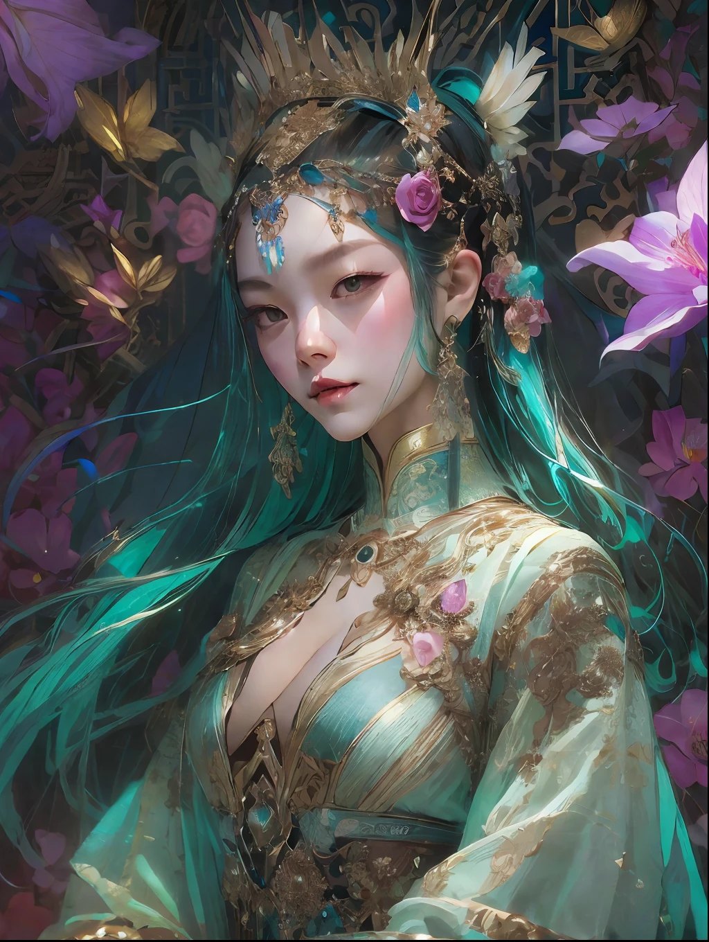 HighestQuali,tmasterpiece:1.2,Detailed details,4K,fairy woman with 4 size chest, with hairstyles and flowers, in the style of influenced by ancient chinese art, subtle realism, he jiaying, dark white and dark aquamarine, Elaborate costumes, Beautiful, with golden brown, purpleish color, dimpled chest, multilayered realism