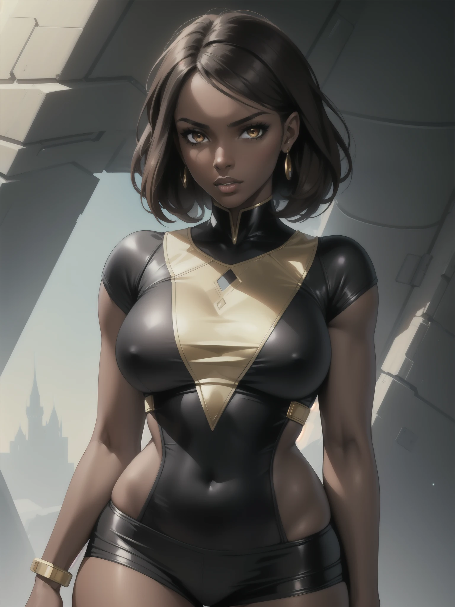 Portrait, Masterpiece, Excellent, 1girl, solo, complex details, color diffusion, close-up, dark-skinned female, tall female, brown skin, black skin, ebony, thighs, athletic, brown hair, golden eyes, sexy attire, casual attire, badass, Princess, royalty, Sci-Fi, Fantasy