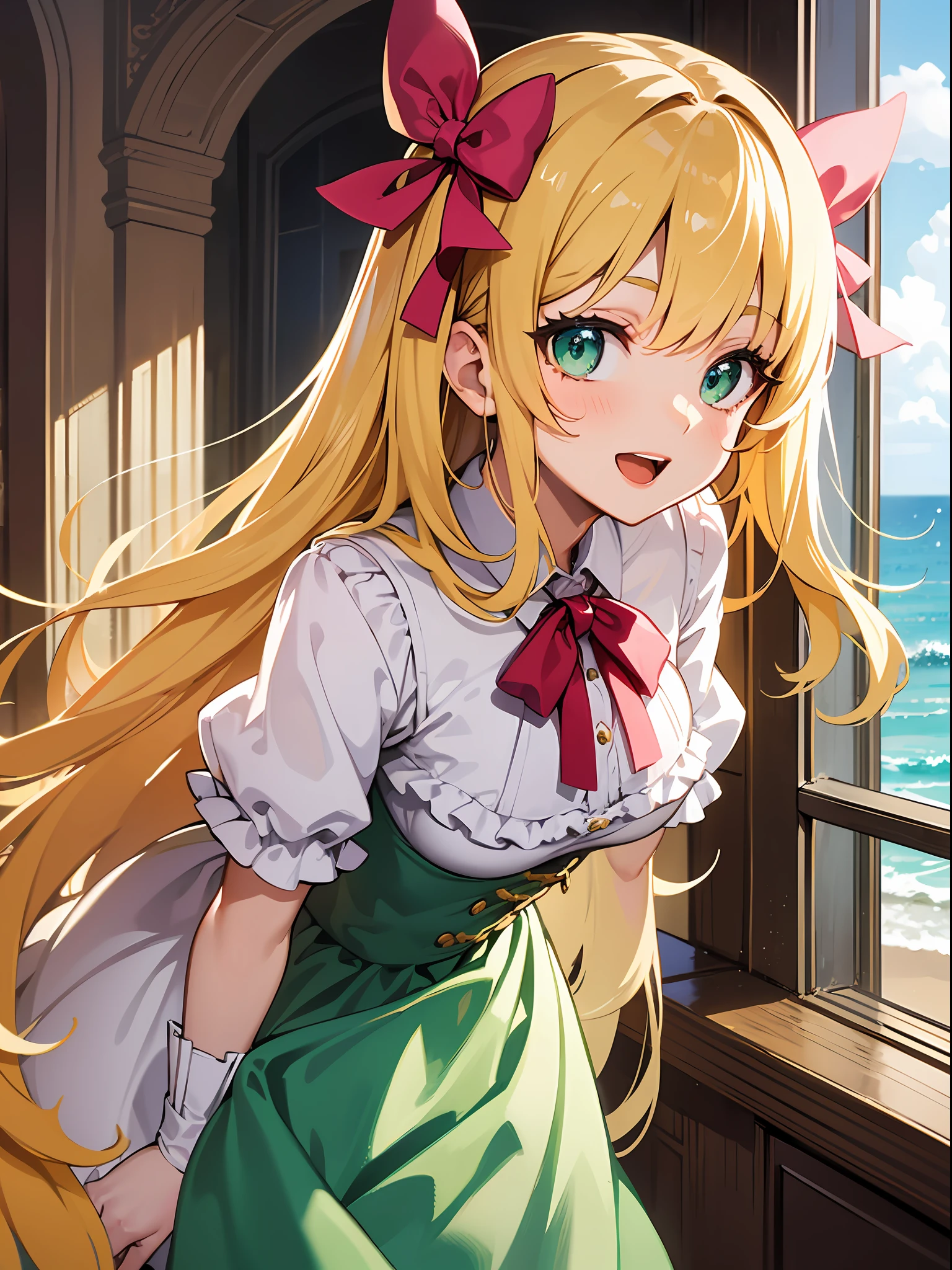 (masterpiece:1.3), (best quality:1.3), high resolution,
upper body,
leaning forward, body facing forward,
(one cute girl:1.3), solo,
white skin, small Breast, eight-headed person,
light yellow hair, long hair, red ribbon, fluffy hair, beautiful hair, green eyes, beautiful detailed eyes,
open mouth, cheerful smile,
frilled dress, pink dresses,
indoors, ocean, castle,
shadowlighting,