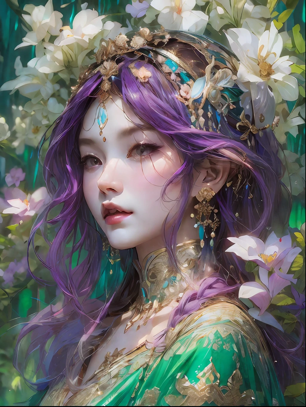 HighestQuali,tmasterpiece:1.2,Detailed details,4K,fairy woman with 4 size chest, with hairstyles and flowers, in the style of influenced by ancient chinese art, subtle realism, he jiaying, dark white and dark aquamarine, Elaborate costumes, Beautiful, with golden brown, purpleish color, dimpled chest, multilayered realism