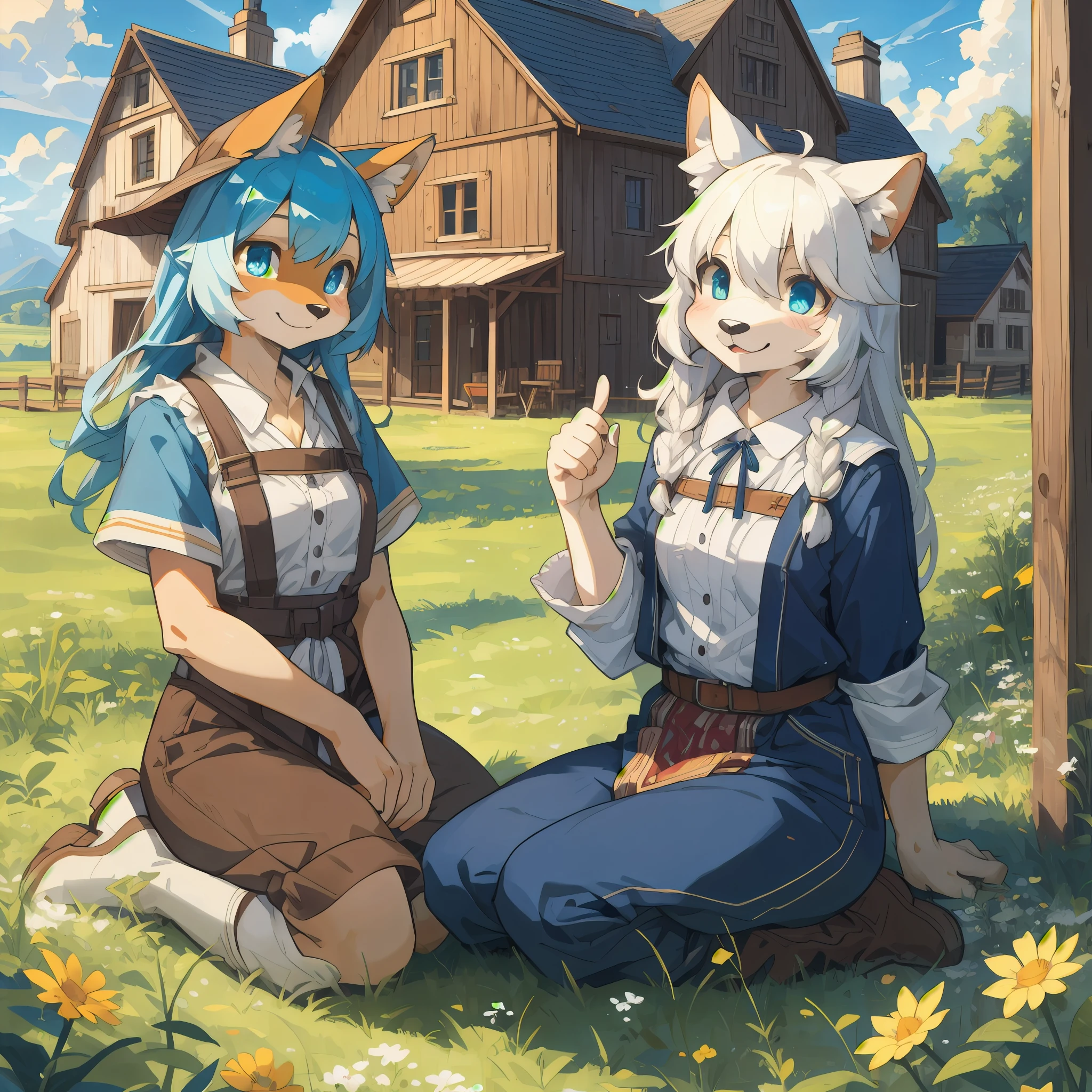 dynamic angle, top quality, best quality, High-quality illustrations, masterpiece, super high resolution, detailed background, detailed background, farmhouse, farms, blue open sky, white clouds, mont, field, group shot:0.1, 6+boys, 6+girls, Happy, joyful, absurdres(highly detailed beautiful face and eyes)perfect anatomy(kemono, furry anthro),