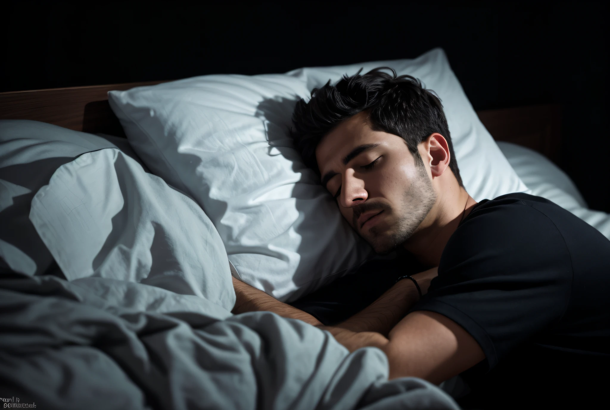The Arafed man slept in bed，White sheets and black shirt, sleepy feeling, Sleepy, .. if only i could sleep, Sleeping, during night, night - time, Lie down in bed, Lying in bed, during night, in the night time, deep in the night, sleep, goodnight, Asleep, cold freezing nights, reddit post, calm evening. over the shoulder shot