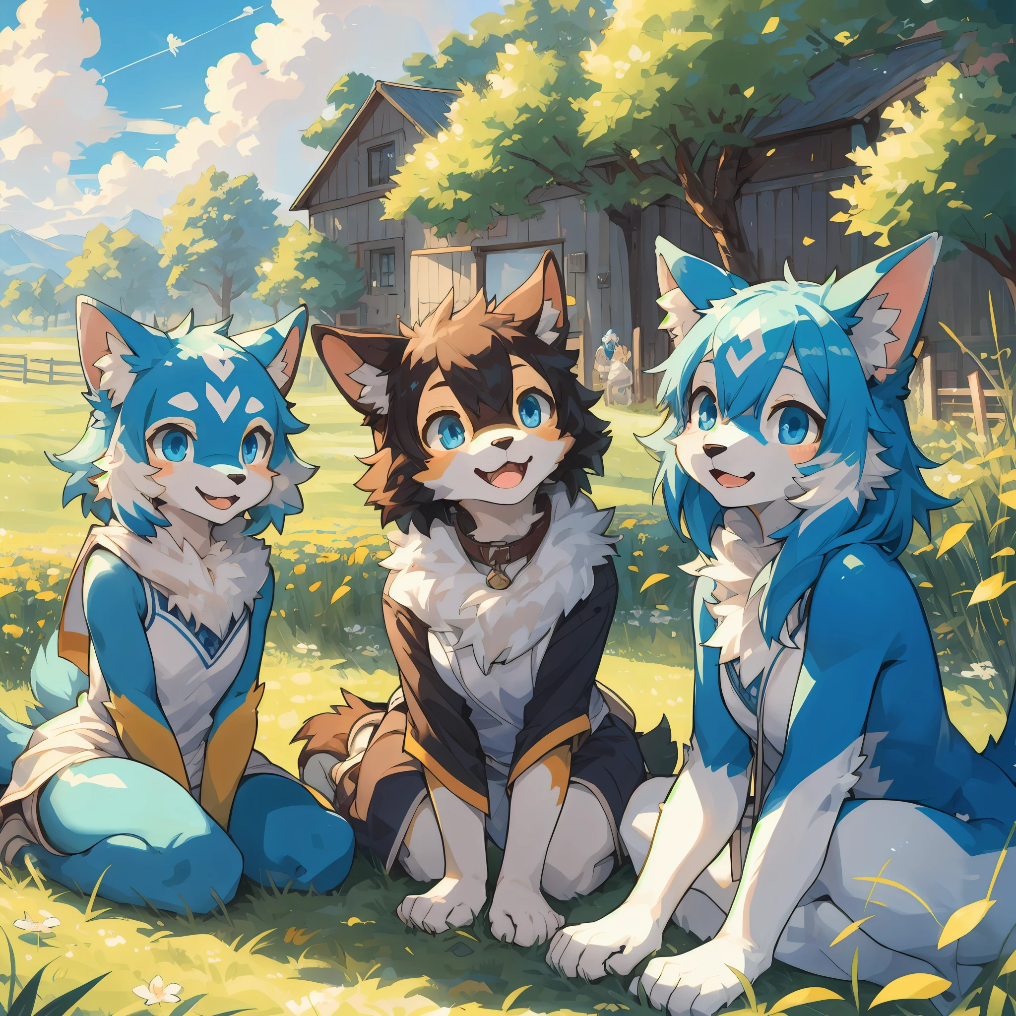 dynamic angle, top quality, best quality, High-quality illustrations, masterpiece, super high resolution, detailed background, detailed background, farmhouse, farms, blue open sky, white clouds, mont, field, group shot:0.1, 6+boys, 6+girls, Happy, joyful, absurdres(highly detailed beautiful face and eyes)perfect anatomy(kemono, furry anthro),