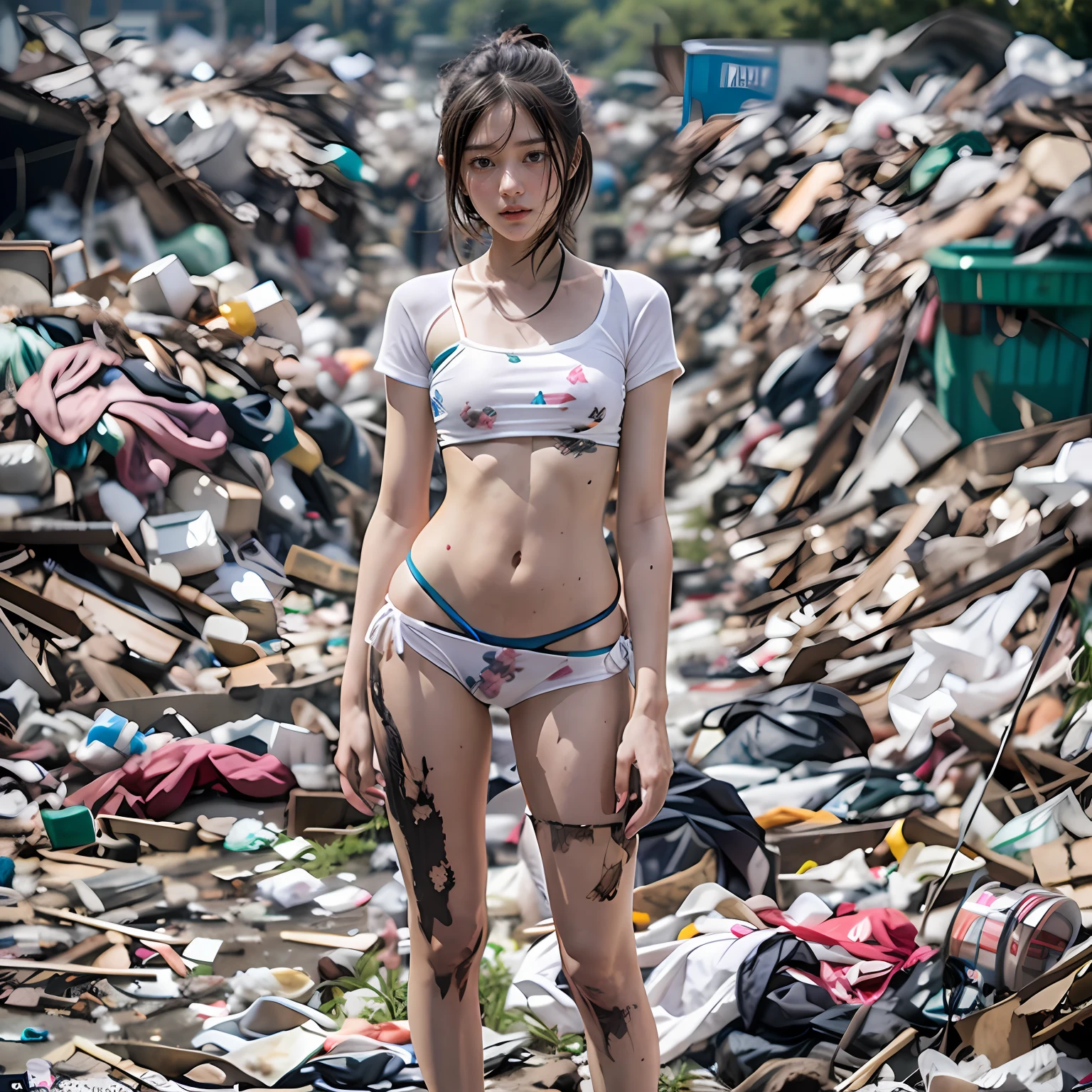 In the age heap,Sexyanding pose,Garbage over the ground,grimy,Dilapidated,Devastated,White transparent bikini,best qualtiy,full-body portraits(1:1),18 years old girls,lean and slender body,Skinny,Smaller bust,The barefoot,junk,exhibitionism,exhibitionists,no clothes are worn,don't have clothes