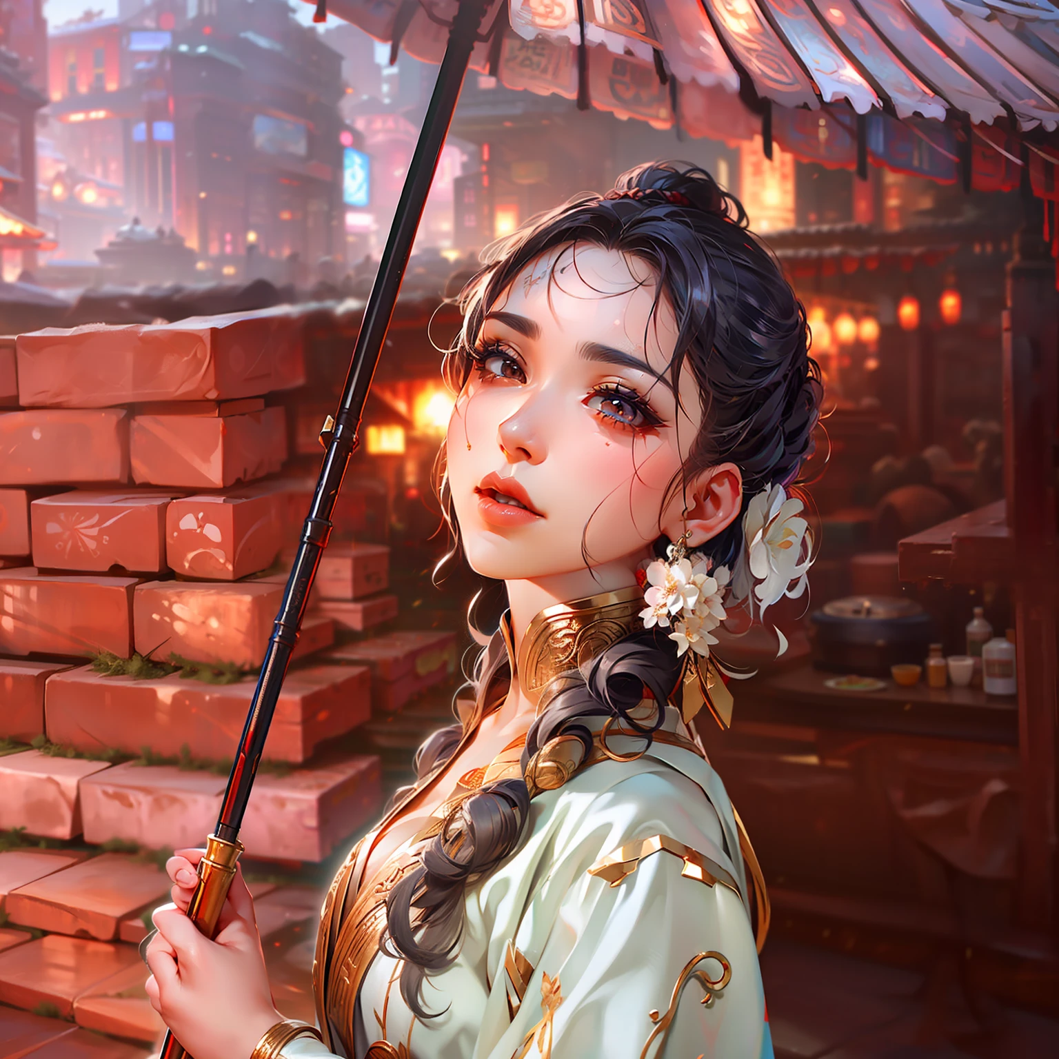 Very detailed CG unity 8k wallpaper，（tmasterpiece），（best qualtiy），（ultra - detailed），（Ultra photo realsisim），（best character detail：1.36），Nikon D750 f / 1.4 55mm，dynamic angle，profesional lighting，photon maping，Radio City, physically-based renderingt, exteriors, busy street, looking at viewert, Be red in the face, 1girl, a matural female, A MILF, Tall body, the golden ratio,(Kpop idol),(Oil skin:1.2),(Oil skin:1.1), makeup,[:(high detailed face:1.2):0.2]:,PureErosFace_v1, ((Curly gray hair and sophisticated style)),(aegyo sal:1),(puffy eye),(eyeslashes:1.1), (cparted lips:1.1),red lipsticks,broad shoulder,(ˇBig breasts:1.1),(cleavage:1.1),Flower ears,(big assa:1.2),upper legs,Silk coat, surname, Song dynasty, Song Yi