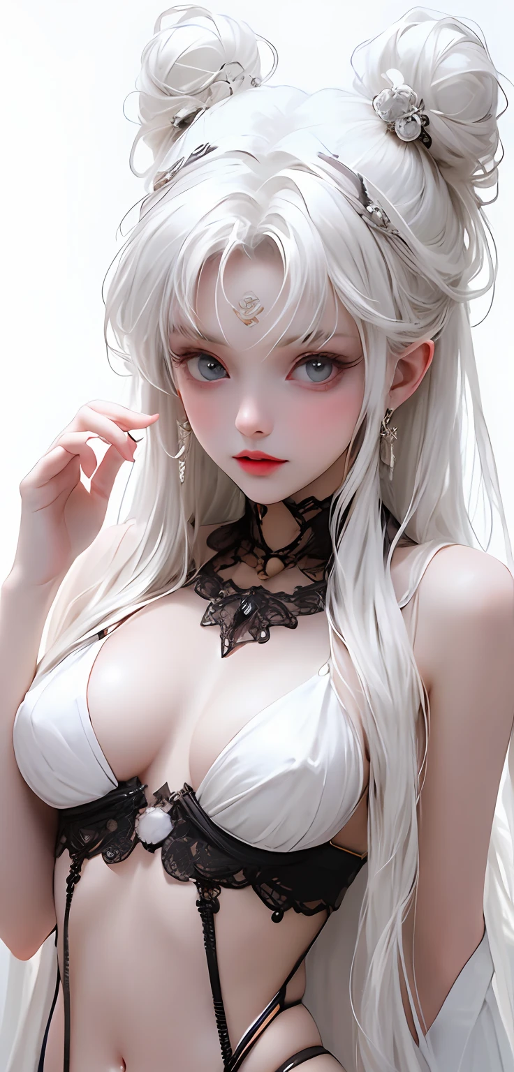 symetrical composition，White tones，white colors，Sexy girl nipple，little body，Petite，whaite hair，White hair