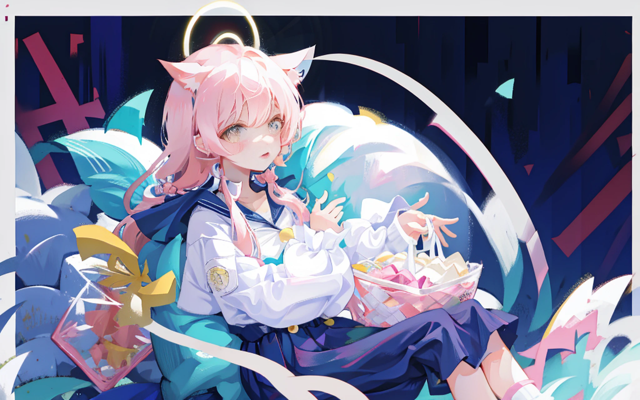 Pink Long Hair,Cat ears,Girl sitting,Refine hands,Background unity,The picture is clean