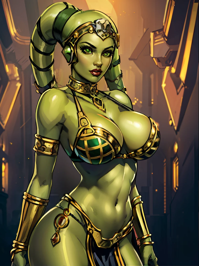 (best quality, masterpiece, highly detailed), 1girl, (green skin), sexy busty Twi'lek, large breasts, cleavage, gold and black bikini, ornate metal bra, metal lace, gemstones, jewelry, long skirts, armlets, pelvic curtain, Star Wars, lekku stripes