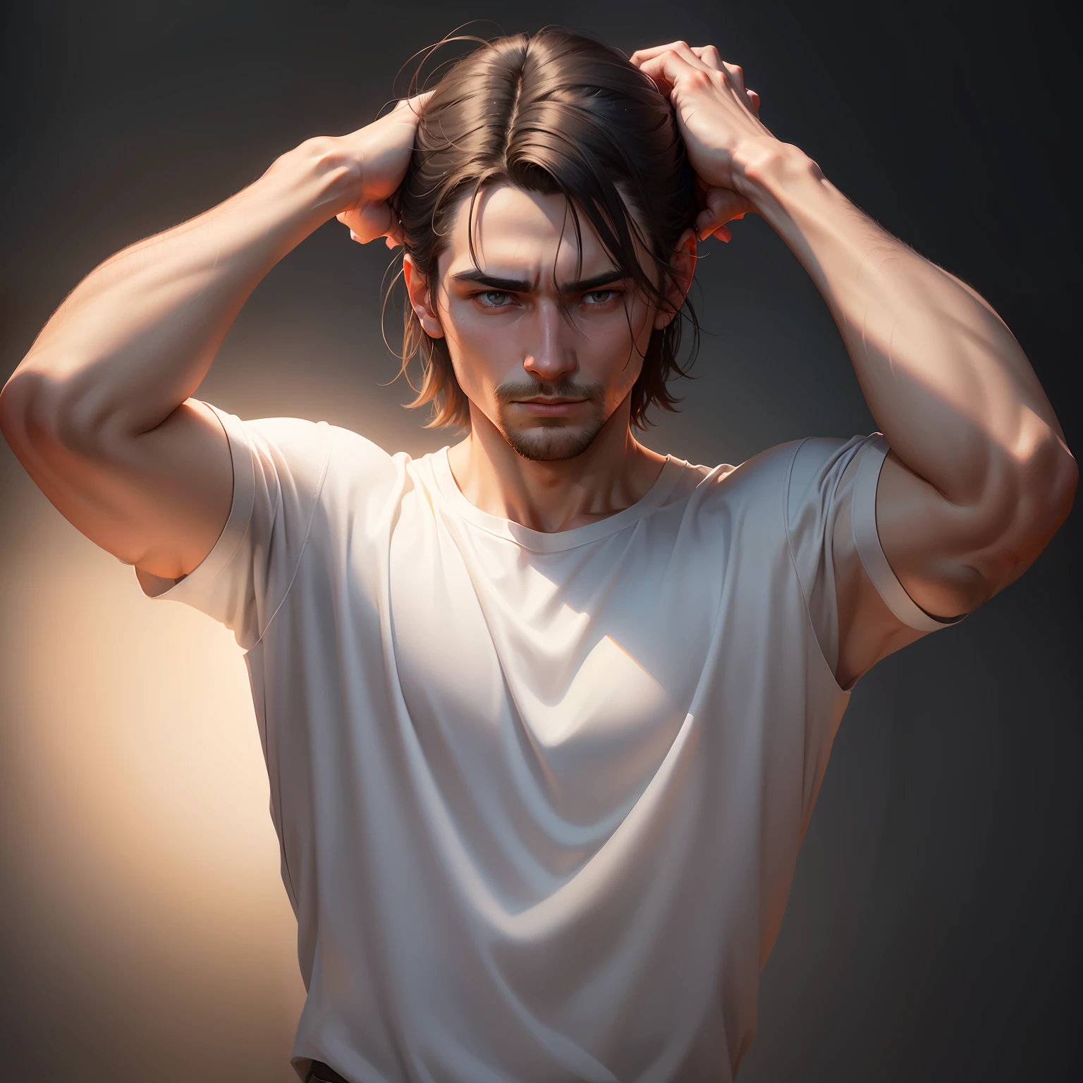 a man in a white shirt holding his hands behind his head, a picture by Vladimír Vašíček, deviantart, fantastic realism, ilya kuvshinov, vray, contest winner