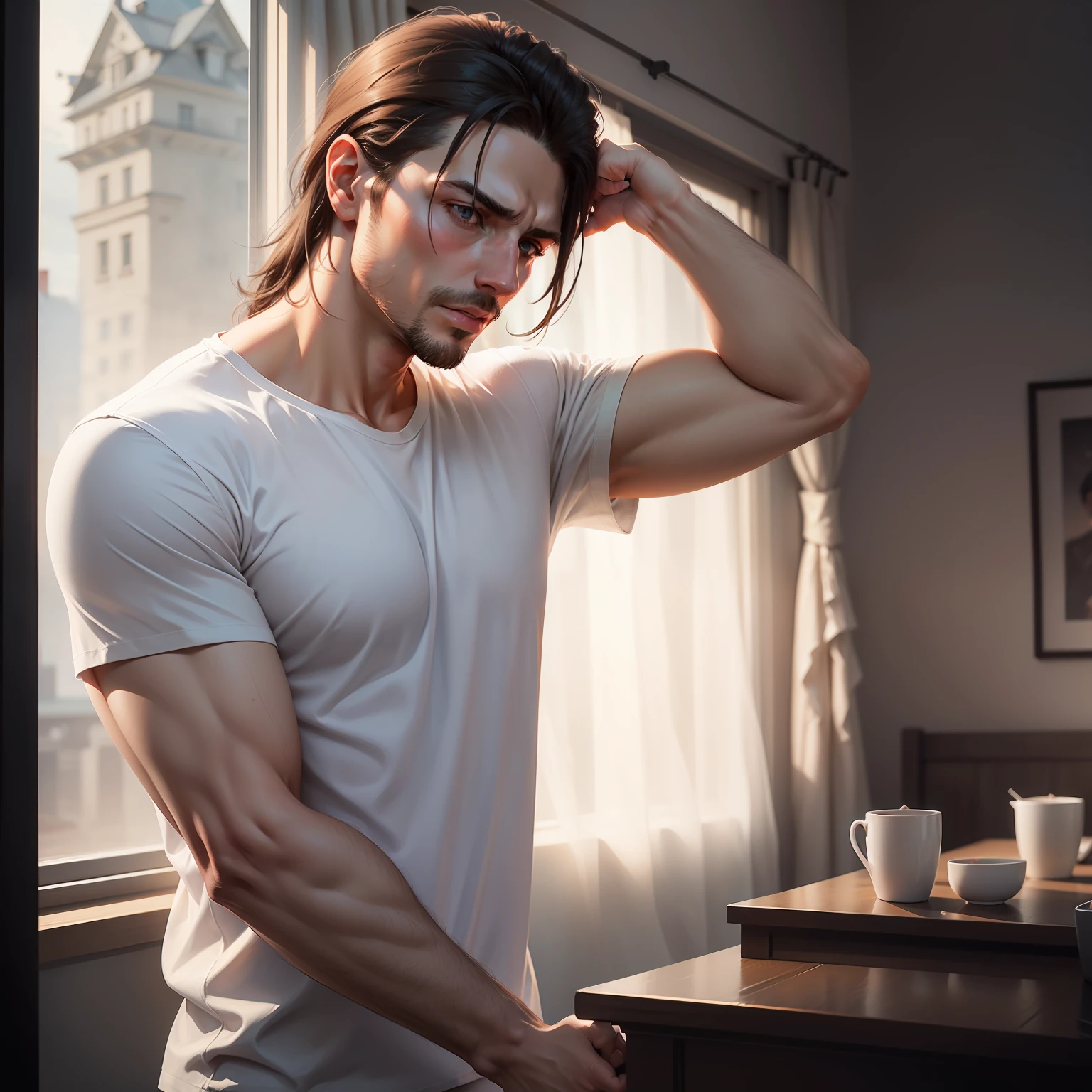 a man in a white shirt holding his hands behind his head, a picture by Vladimír Vašíček, deviantart, fantastic realism, ilya kuvshinov, vray, contest winner