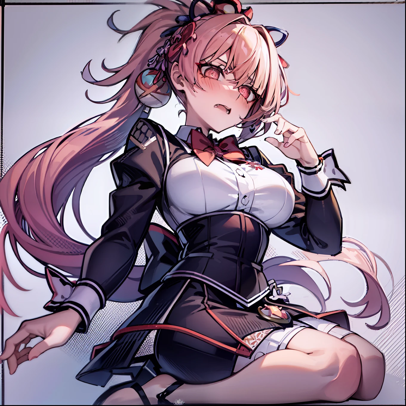 yoimiya, genshinimpact, wearing dr clothes , pink hair, purple pupils, (white background:1.4), (masterpiece, best quality:1.2), (solo), (1girl), best quality, (photorealistic:1.4),ultra detailed, solo, (full body:1.5), standing, love in eyes, double ponytail, bow hairpins, blushing, shyness, drooling, rolling eyes, white bow tie, maid outfit, long sleeves, miniskirt, big breasts