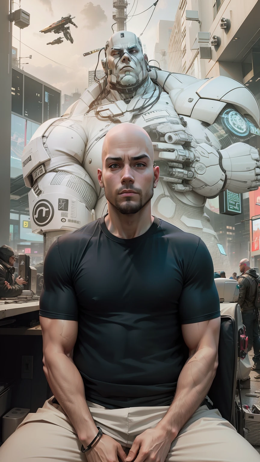 Cyberpunk, robot, male, realistic, bald, chubby body