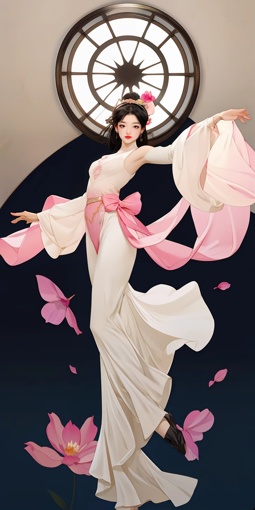 tarot cards,one-girl(full bodyesbian),Gorgeous dress,dances,Flowers,suns,in style of 红黄渐变, Auspicious clouds,Solid color base,Pastel colors, graceful movements, Lots of details,delicated,tmasterpiece,32K,Extremely detailed,(Fractal art:1.1),(Colorful:1.1),(skulls:1.3),highest details,(zentangle:1.2), (Dynamic pose), (abstract backgrounds:1.3)