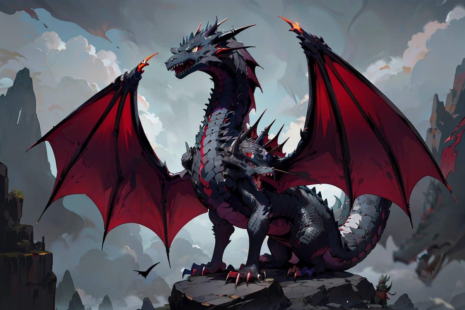 there is a dragon statue on a rock with a cloudy sky in the background, a majestic gothic dragon, a majestic gothic indian dragon, black dragon, colossal dragon as background, ancalagon the black, dragon with scars, drogon, european dragon, epic dragon, wyvern, detailed dragon, alduin, colossal dragon in background, dragon art, dragon snake with wings