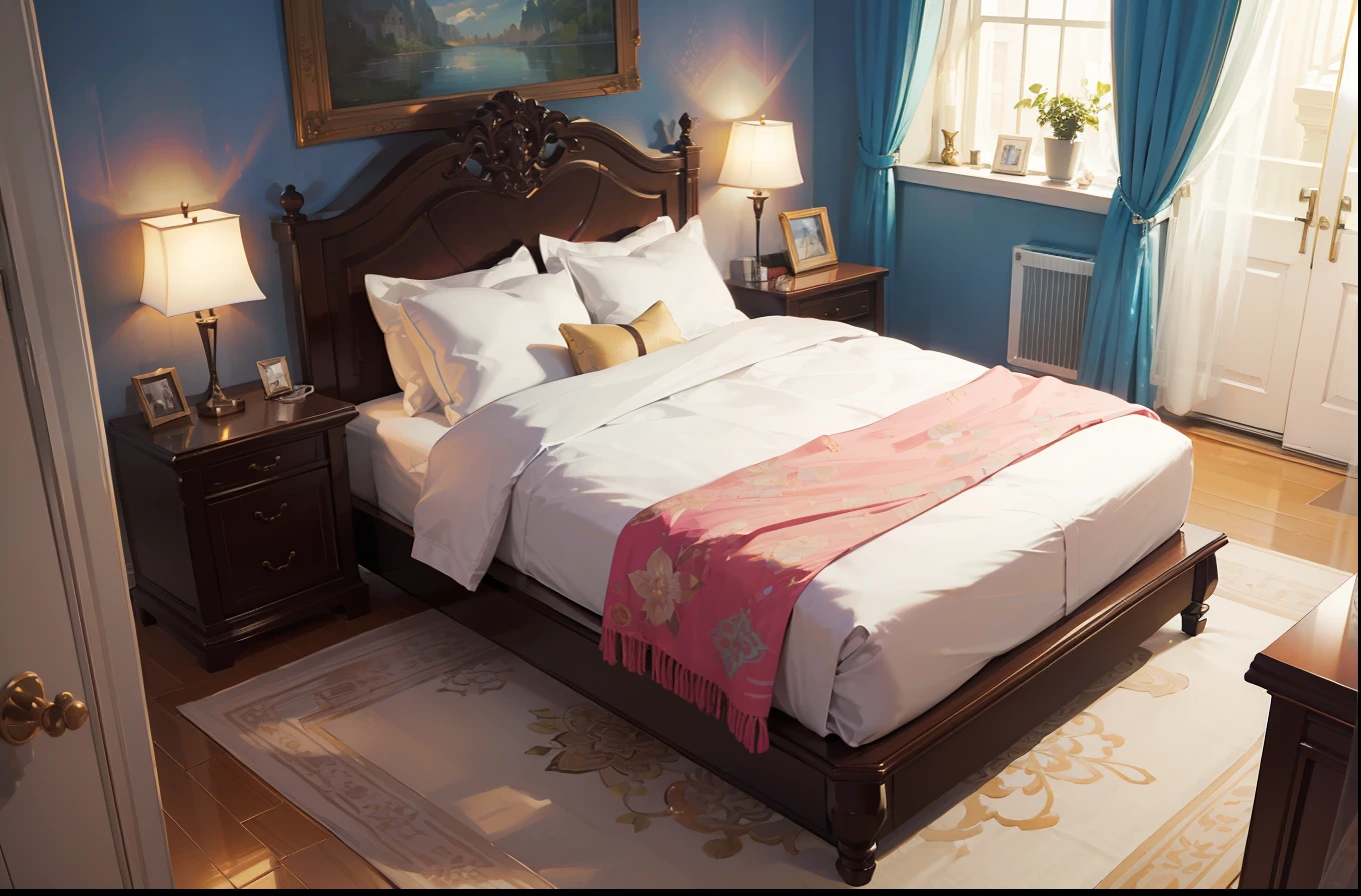 (masterpiece), (best quality), (ultra detailed), (illustration), luxury, bed focus, bedroom, hotel, nobody,