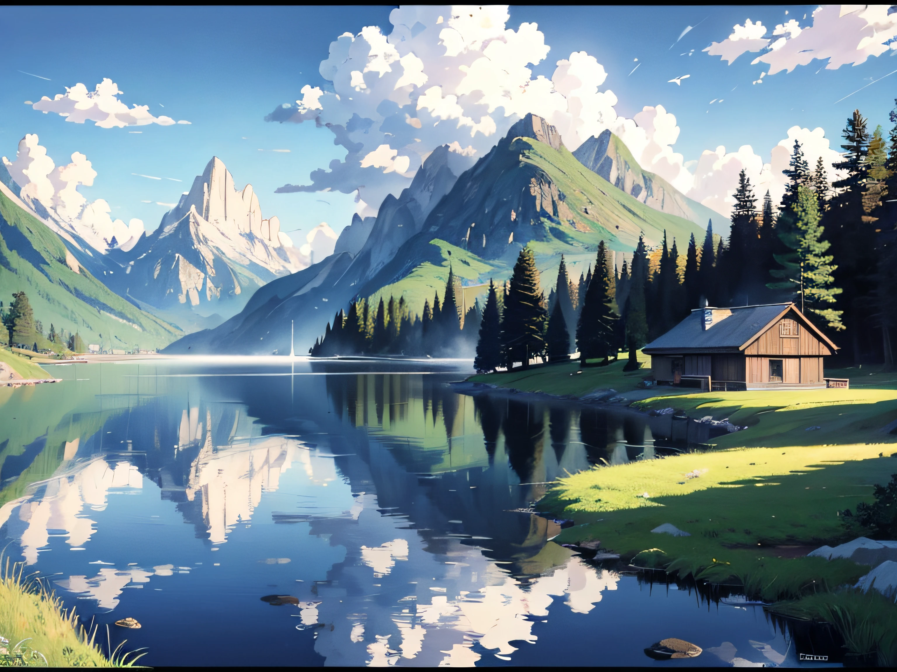A high resolution, (Masterpiece:1.4), ultra - detailed, 1boy, View from the shore,Draw a lake,There are boats and houses in the distance, anime countryside landscape, Detailed scenery anime landscape, anime landscape wallpapers, Anime background art, beautiful anime scenery, Anime landscapes, landscape artwork, scenery art detailed, drawn in anime painter studio, made with anime painter studio, anime beautiful peace scene, anime backgrounds --v 6