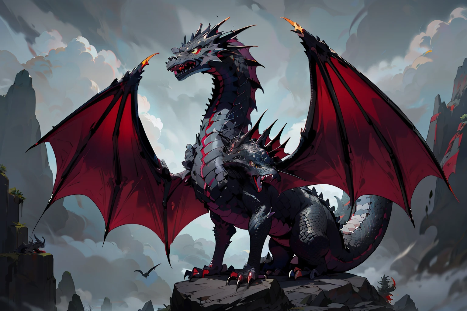 there is a dragon statue on a rock with a cloudy sky in the background, a majestic gothic dragon, a majestic gothic indian dragon, black dragon, colossal dragon as background, ancalagon the black, dragon with scars, drogon, european dragon, epic dragon, wyvern, detailed dragon, alduin, colossal dragon in background, dragon art, dragon snake with wings