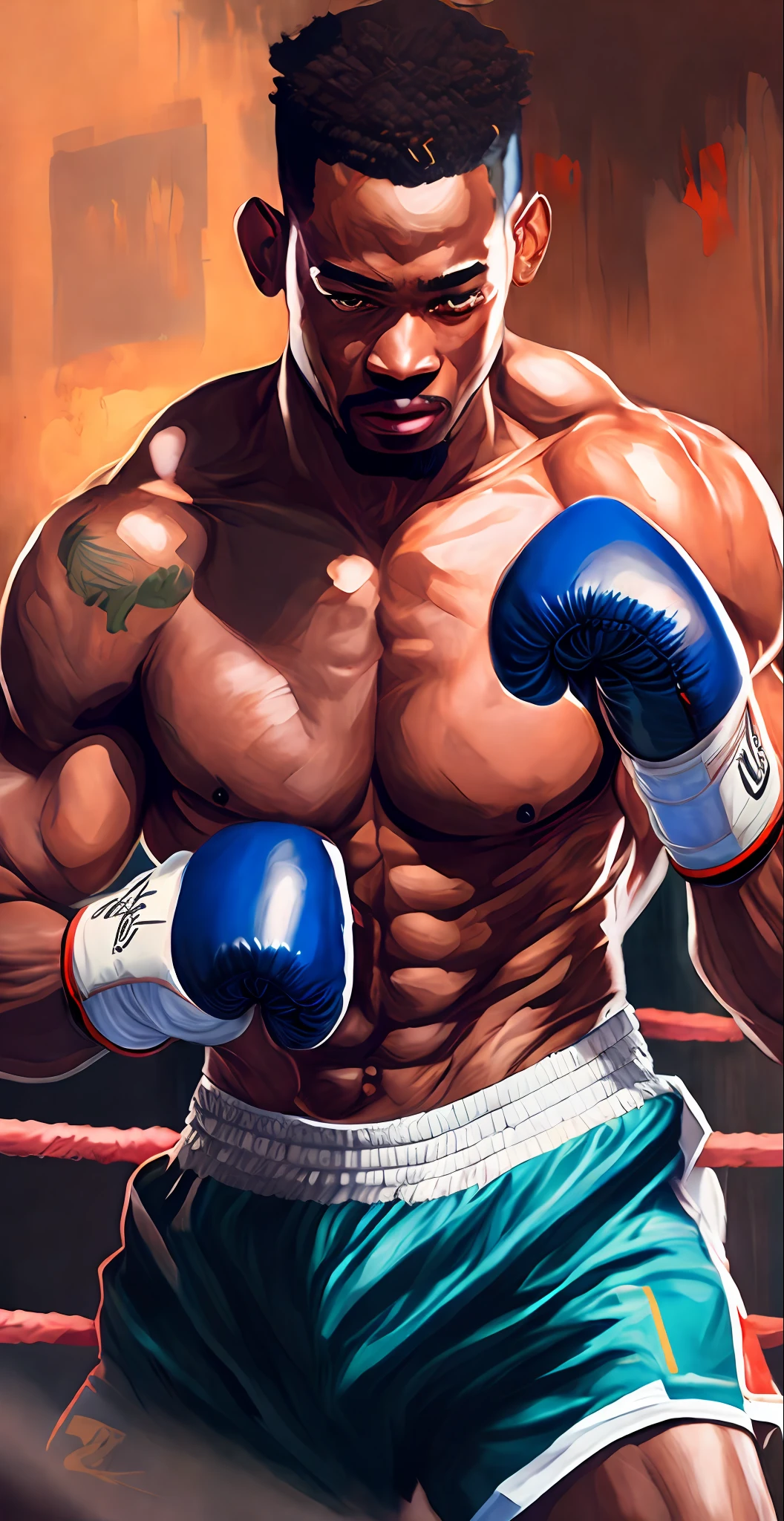 centered, masterpiece, a painting of a man in a boxing ring, trending on Artstation, jazza and rossdraws, anime style hyper detailed, card game illustration, powerful chin, punching, kawacy, profile picture, sachin teng, will smith anime style