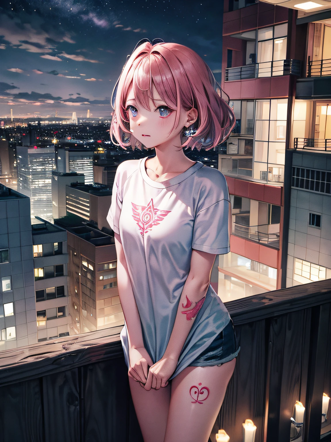 Raised sexy,cute female child,high high quality,tmasterpiece,short detailed hair,Pink atmosphere,Cropped heptagon top,Girl with tattoos,high-definition picture quality,largeeyes,Night view from the rooftop,Shy face