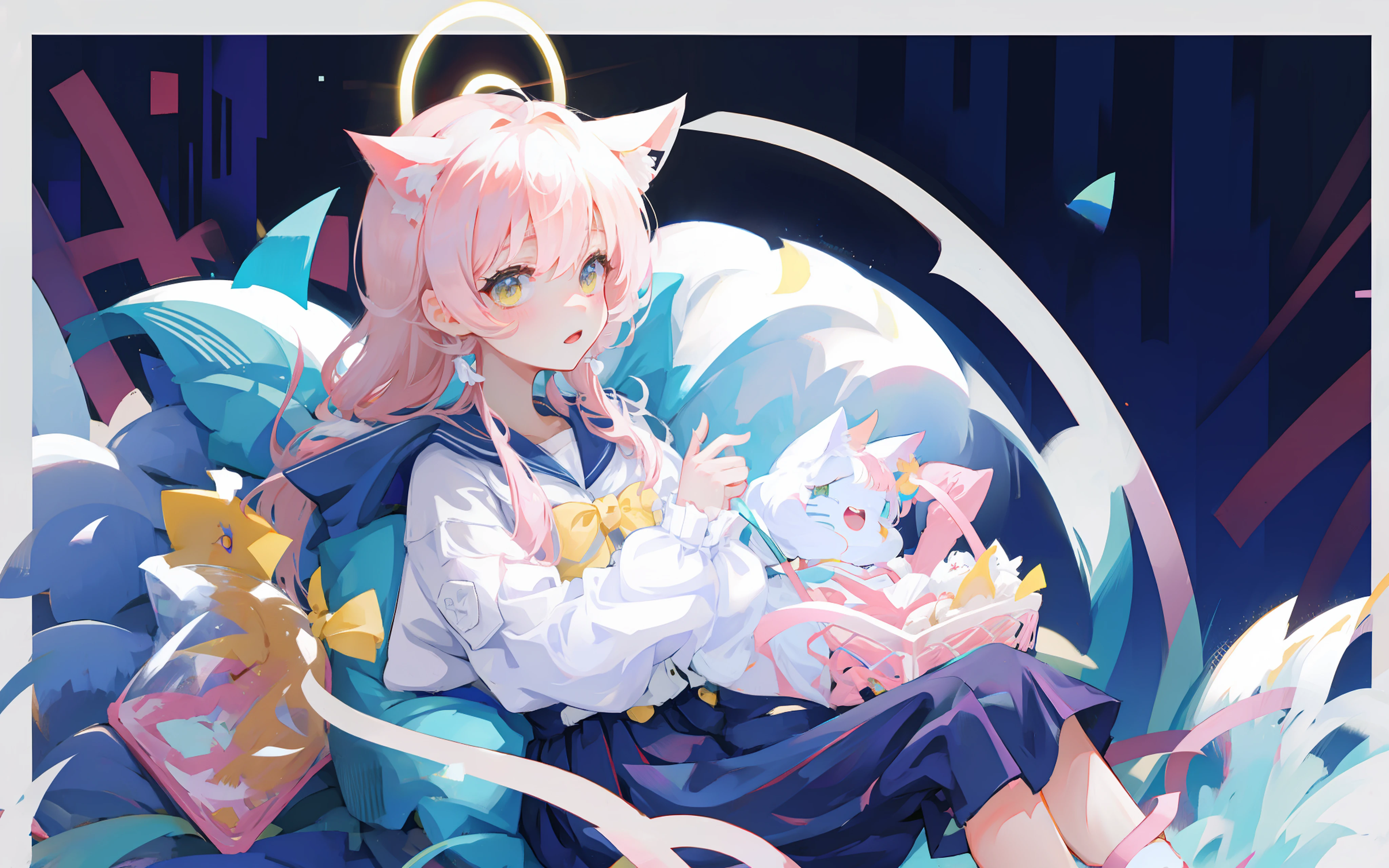 Pink Long Hair，Cat ears，Girl sitting，Refine hands，Background unity，The picture is clean