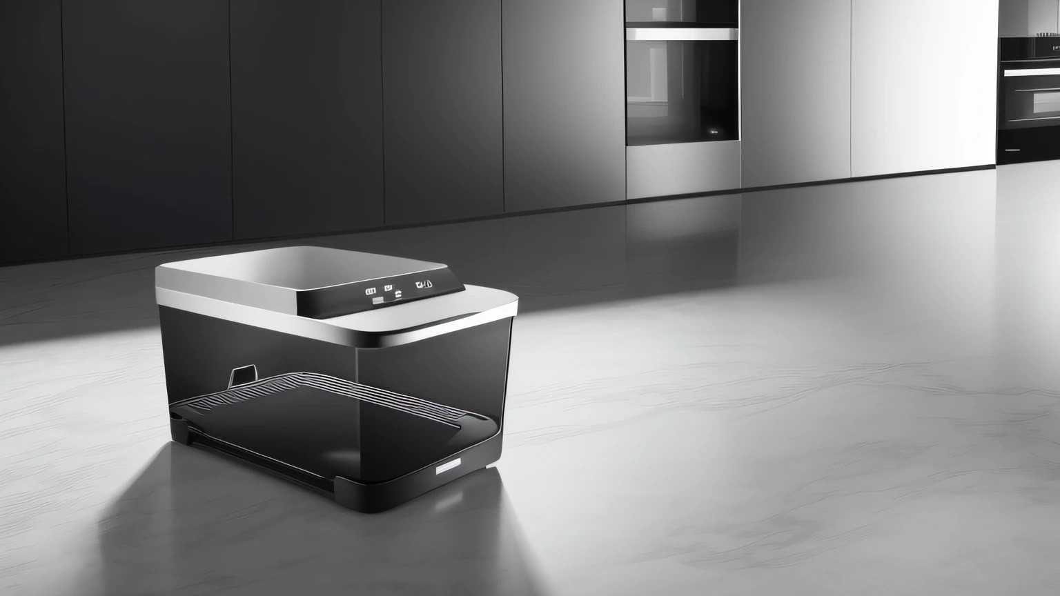 The kitchen counter has a black and silver coffee machine,Black and white countertops,Black and silver countertops,Dalof Ipukar,unreal engine rendered,computer render,hyper photorealism,